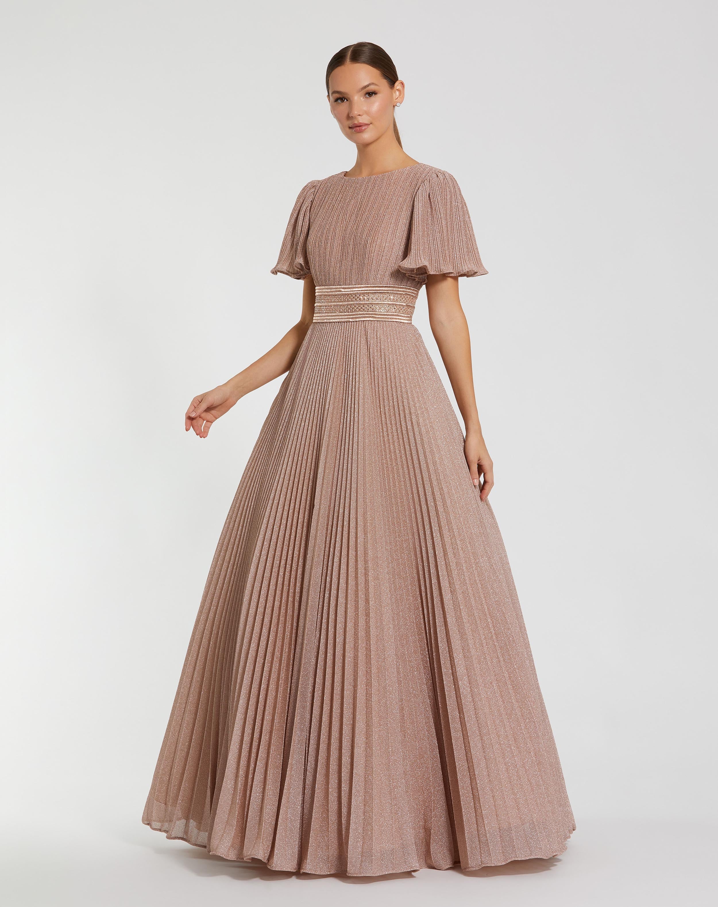 Pleated Shimmering Georgette Flutter Sleeve Gown