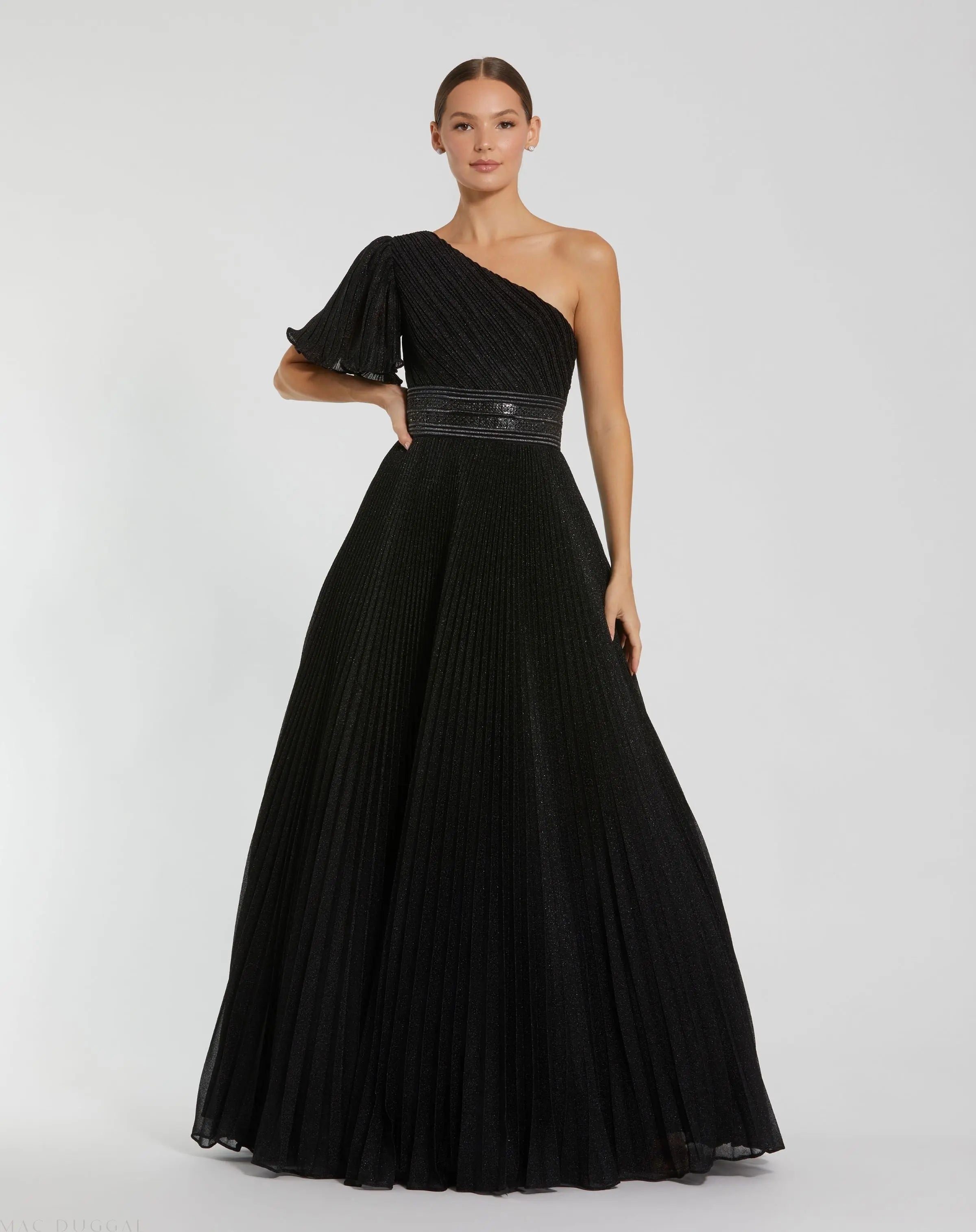 Black Pleated Shimmering Georgette One Shoulder Gown - Ieena for Mac Duggal