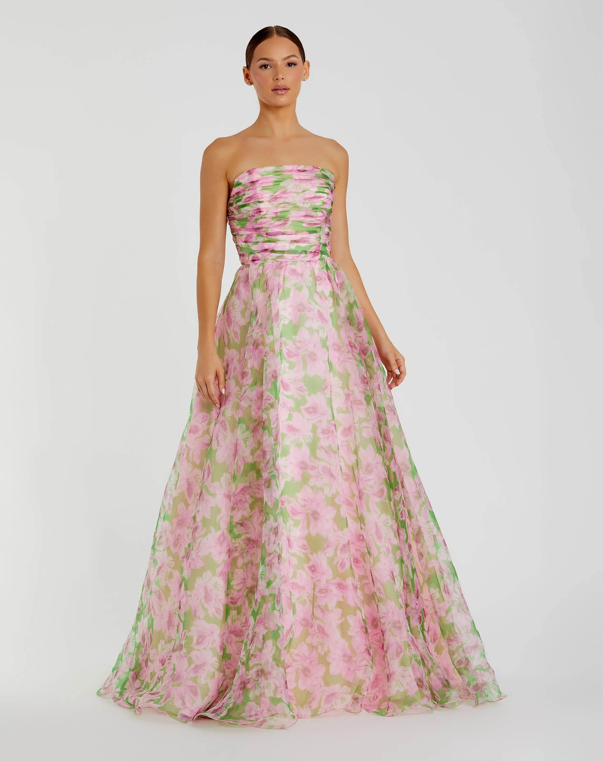 Pink Ruffle Tiered Floral Cut-Out Chiffon Gown | Mac Duggal Pink Ruffle Tiered Floral Cut-Out Chiffon Gown | Mac Duggal