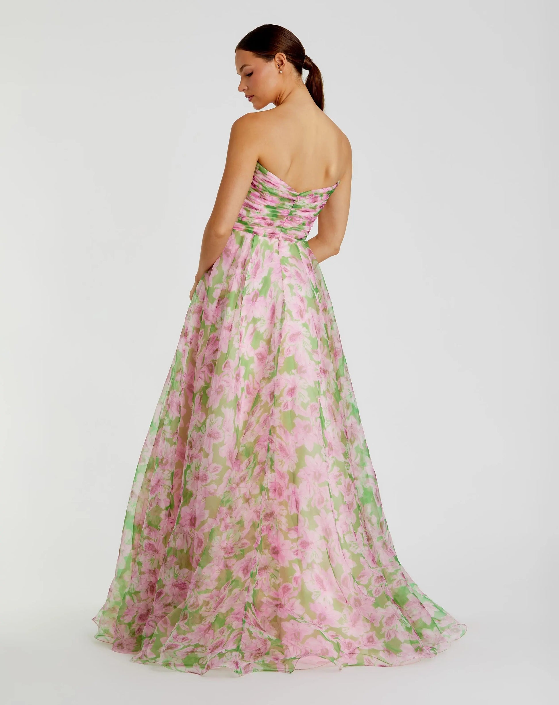 Pink Strapless Floral Chiffon Gown with Ruched Detail | Mac Duggal Pink Strapless Floral Chiffon Gown with Ruched Detail | Mac Duggal
