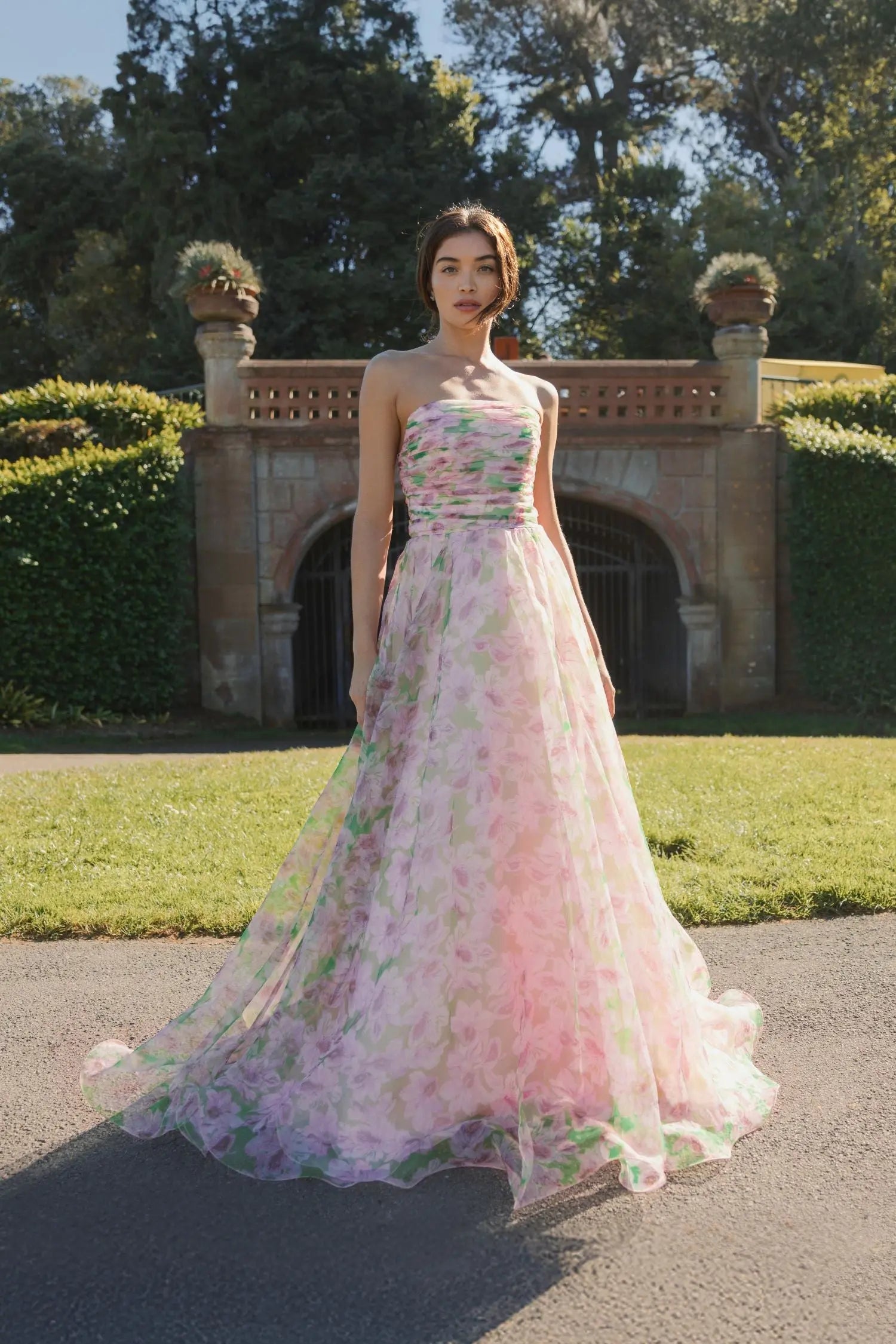 Pink Strapless Floral Chiffon Gown with Ruched Detail | Mac Duggal Pink Strapless Floral Chiffon Gown with Ruched Detail | Mac Duggal