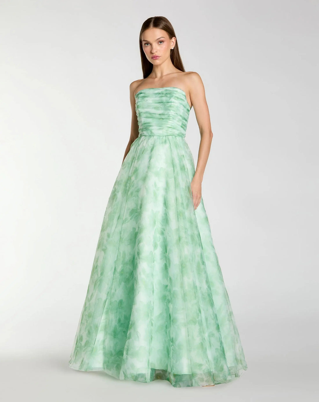 Green Strapless Chiffon Gown with Ruched Detail - Ieena for Mac Duggal