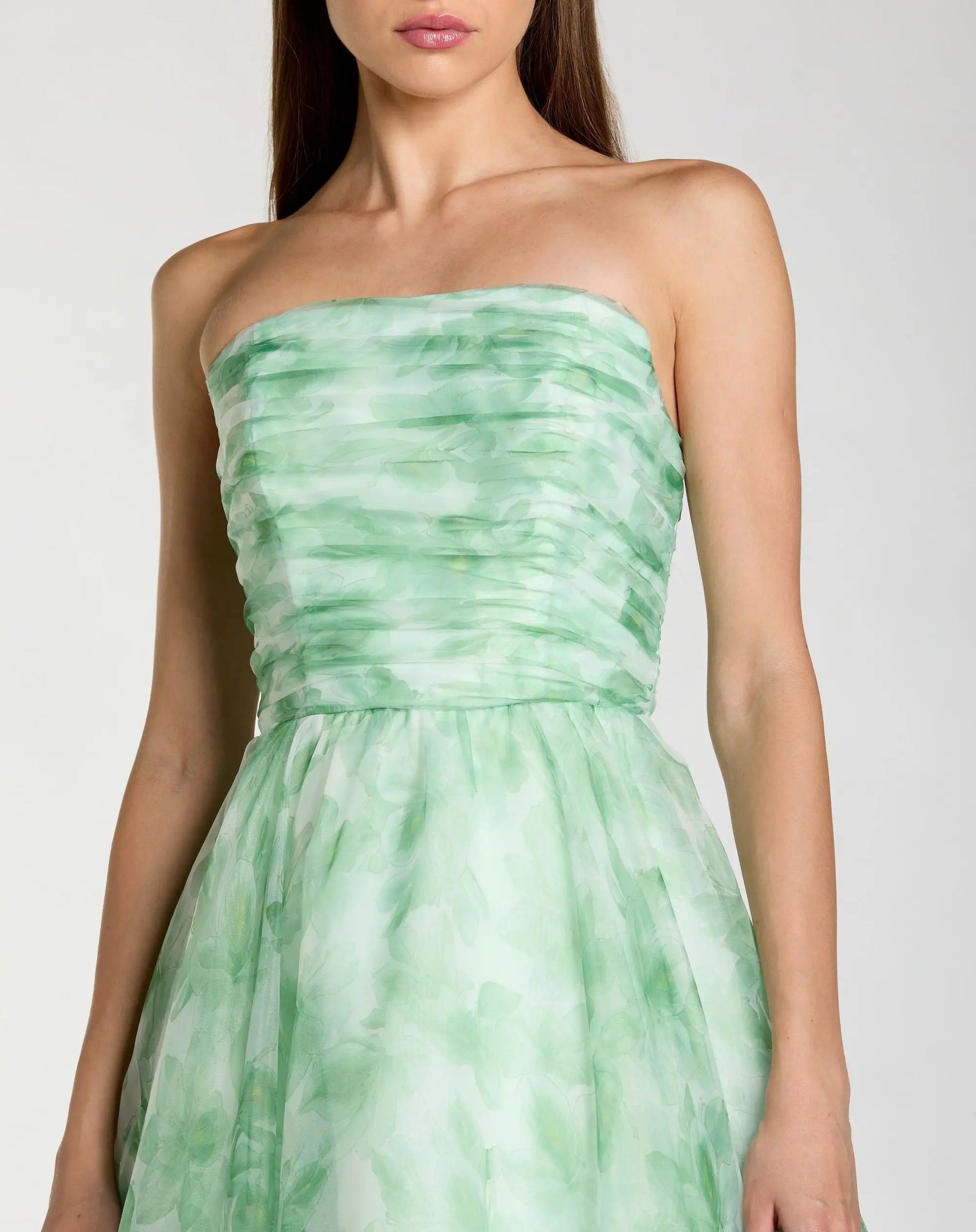 Green Strapless Floral Chiffon Gown with Ruched Detail