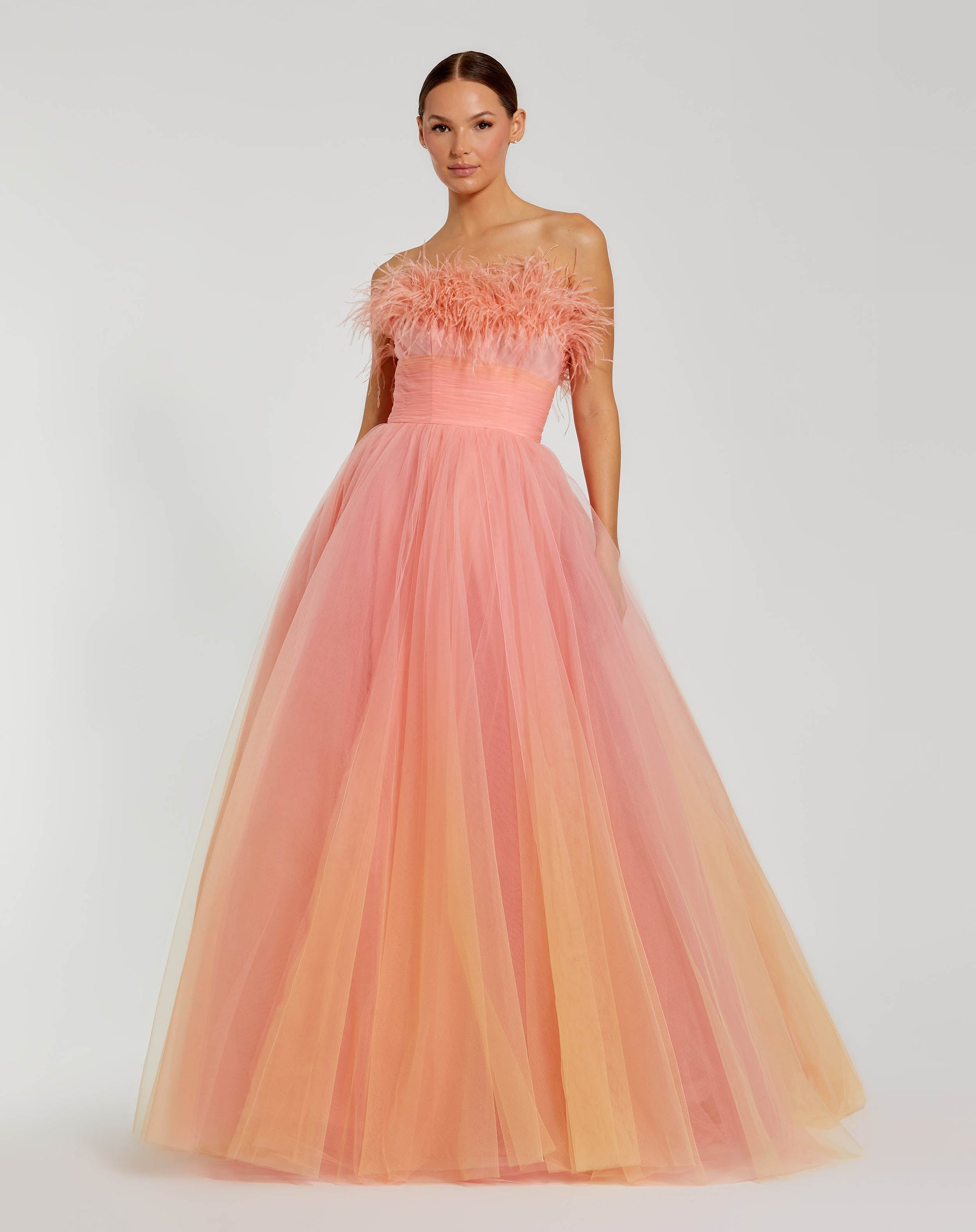 Strapless Feather Bodice Tulle Gown - Coral Ombre