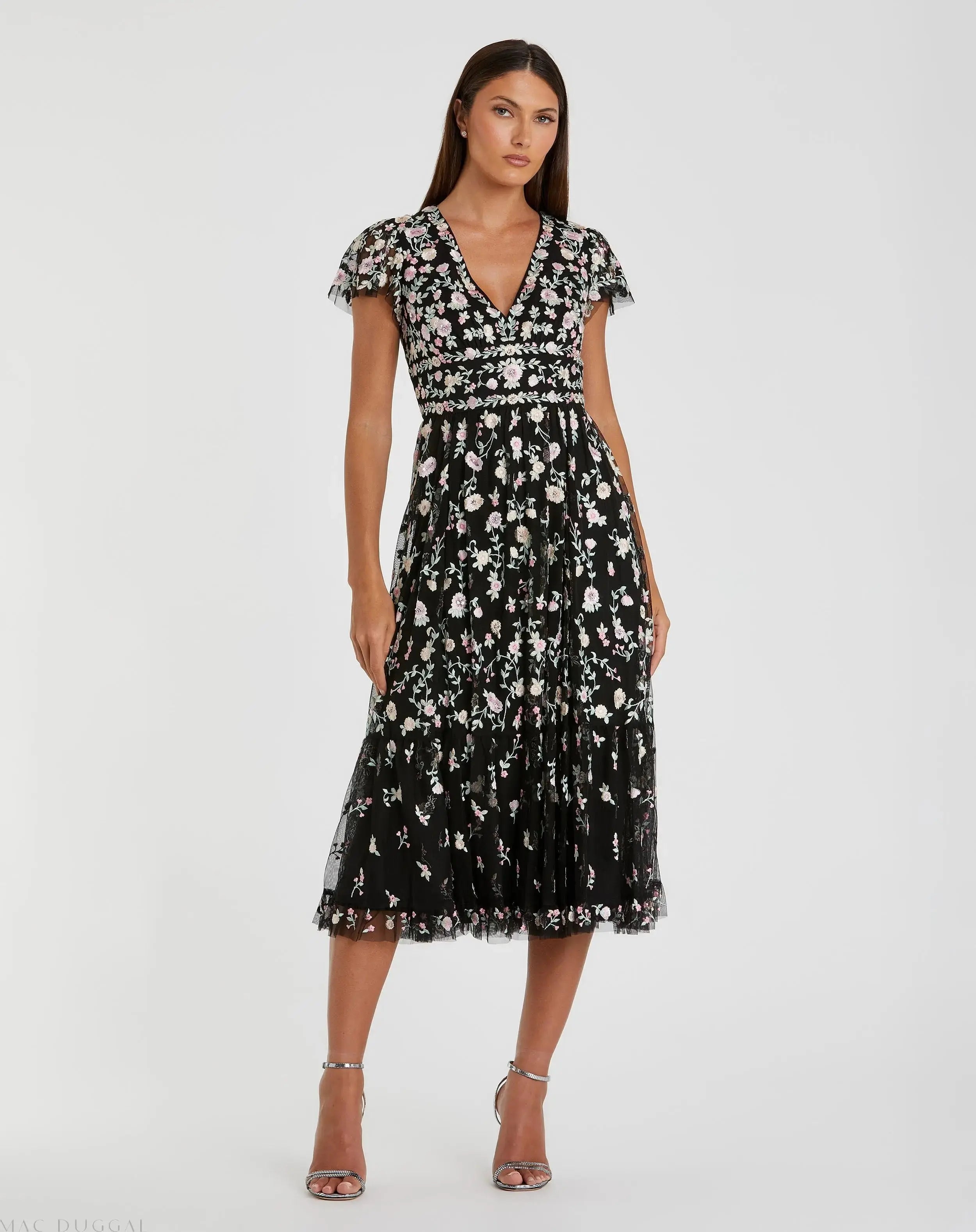 Black Multicolor Embroidered V Neck Cap Sleeve Midi Dress - Mac Duggal