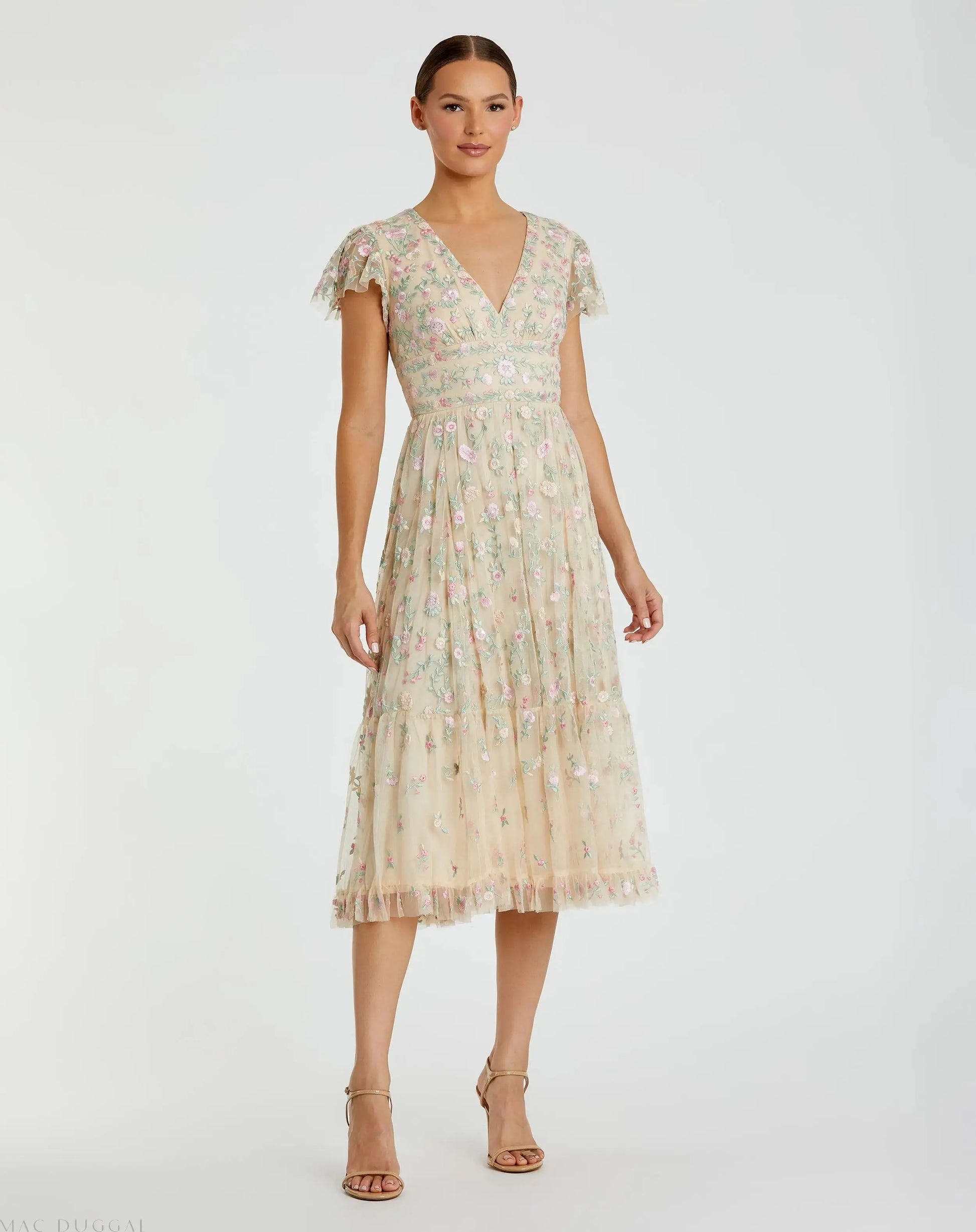 Beige Multicolor Embroidered V Neck Cap Sleeve Midi Dress | Mac Duggal Beige Multicolor Embroidered V Neck Cap Sleeve Midi Dress | Mac Duggal