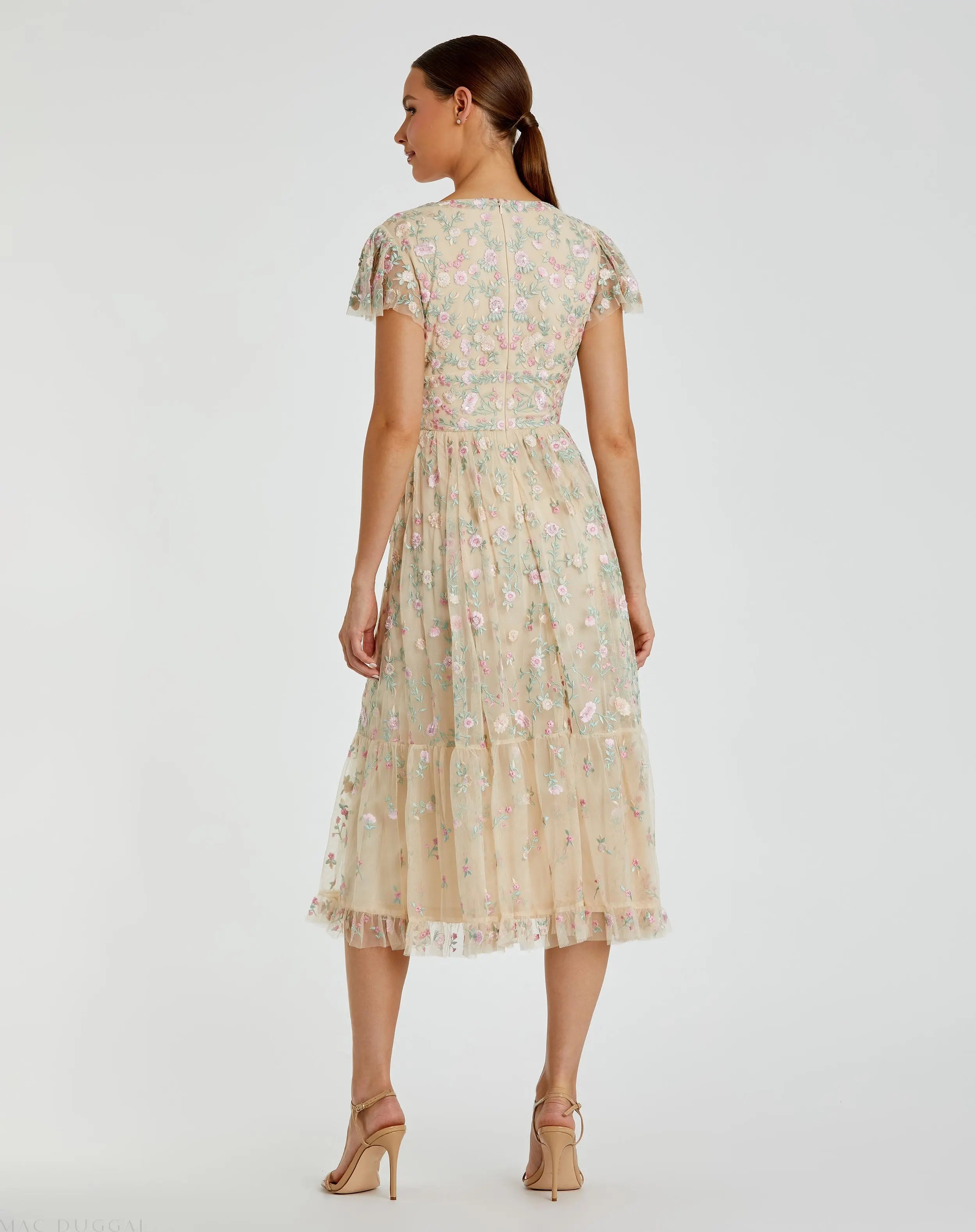 Beige Multicolor Embroidered V Neck Cap Sleeve Midi Dress - Mac Duggal