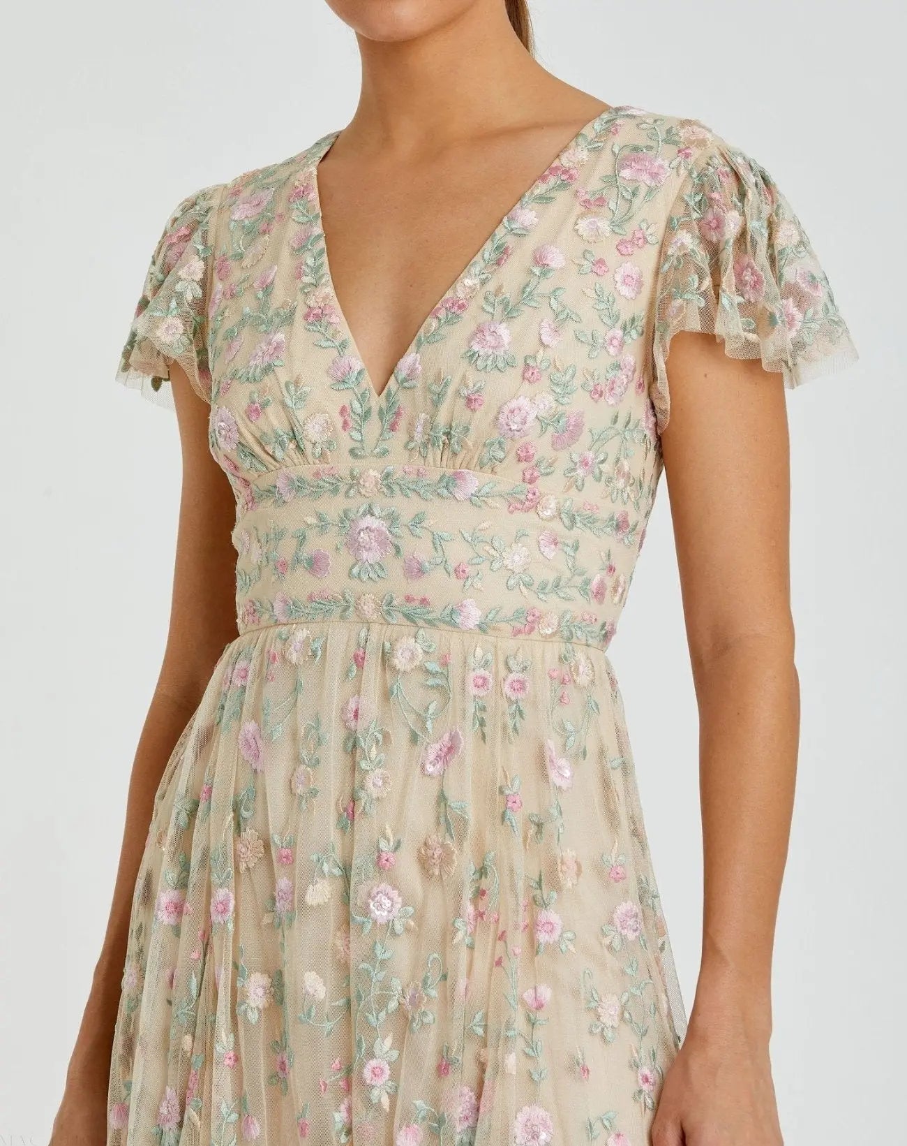 Beige Multicolor Embroidered V Neck Cap Sleeve Midi Dress - FINAL SALE Beige Multicolor Embroidered V Neck Cap Sleeve Midi Dress - FINAL SALE