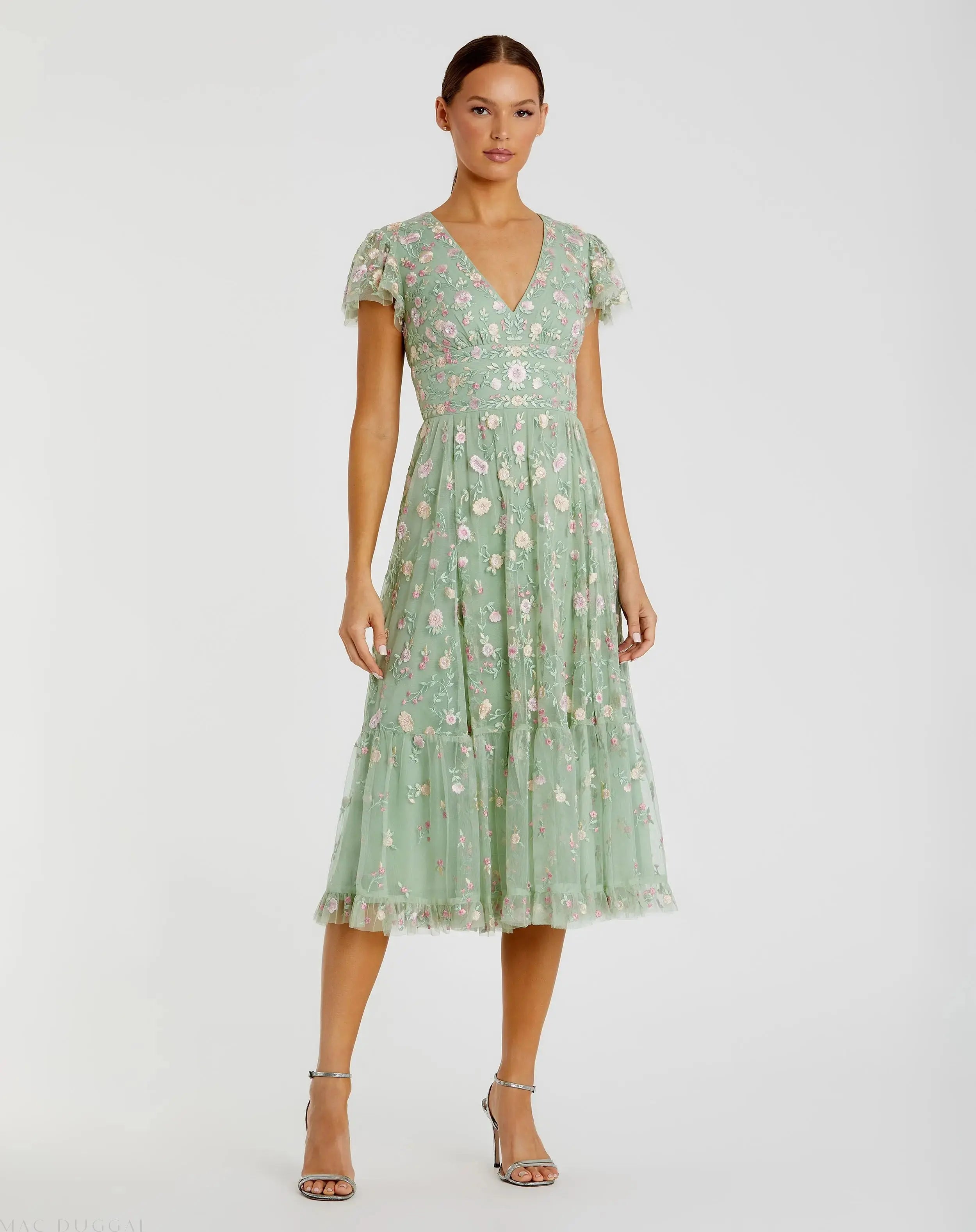 Embroidered V Neck Cap Sleeve Midi Dress - Mac Duggal