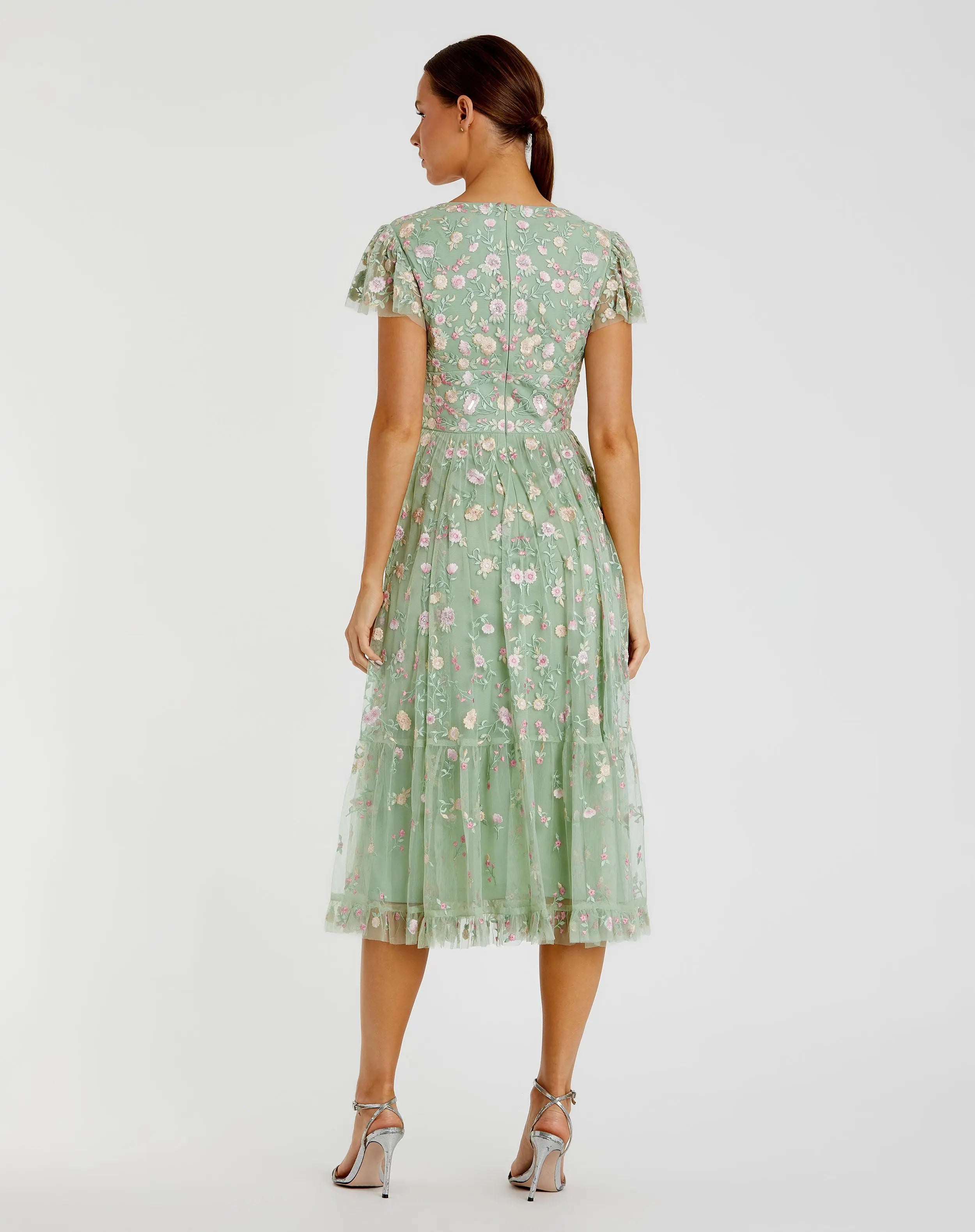 Green Multicolor Embroidered V Neck Cap Sleeve Midi Dress | Mac Duggal Green Multicolor Embroidered V Neck Cap Sleeve Midi Dress | Mac Duggal