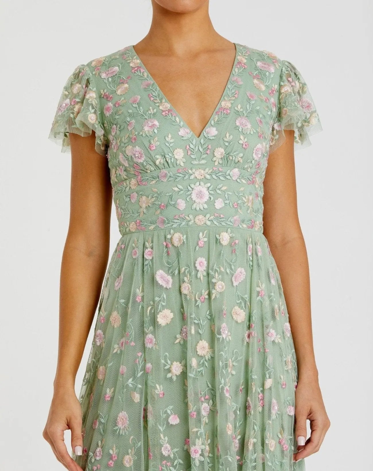 Green Multicolor Embroidered V Neck Cap Sleeve Midi Dress - Mac Duggal