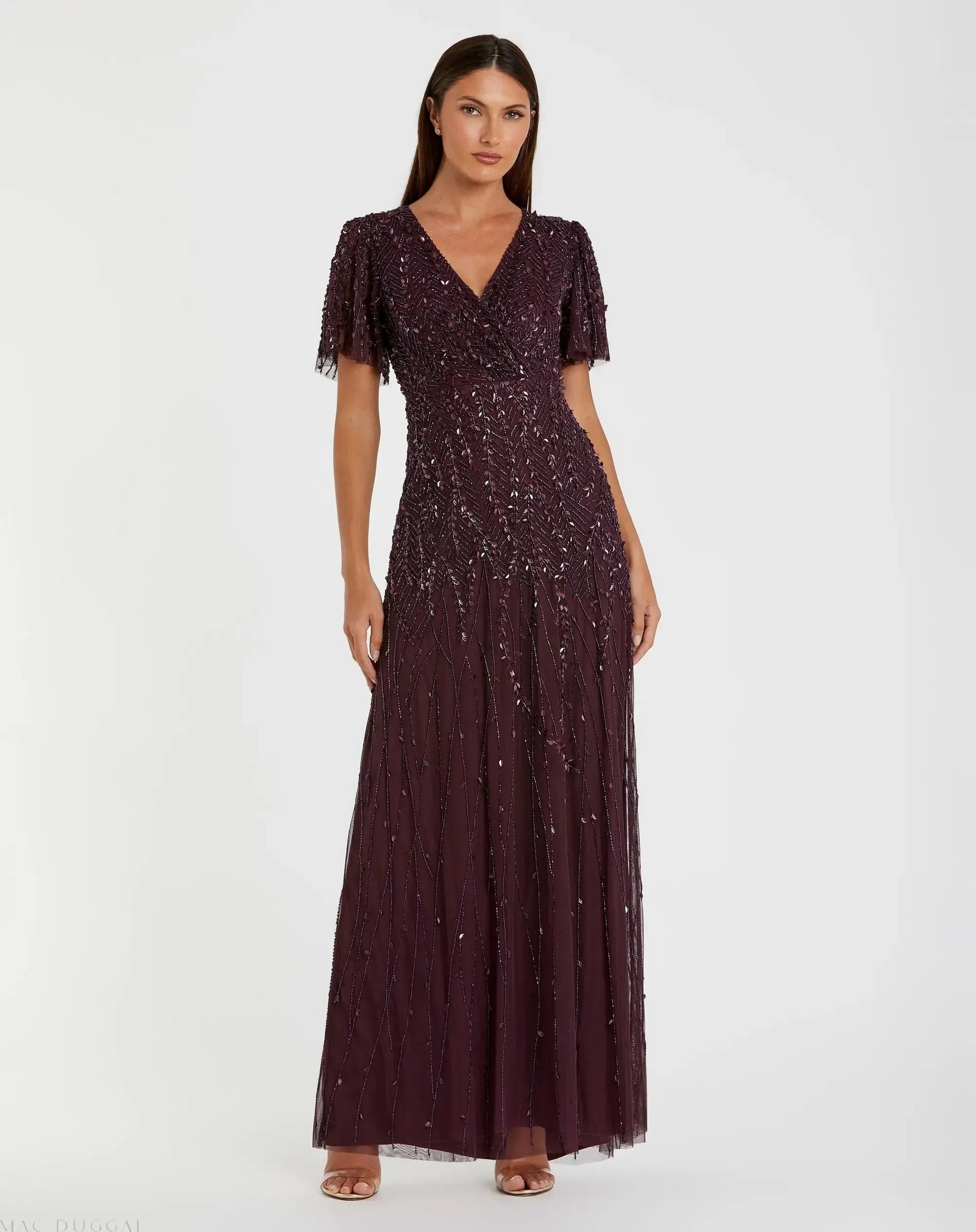 Mac Duggal - Purple Embellished Flutter Sleeve Gown Mac Duggal - Purple Embellished Flutter Sleeve Gown