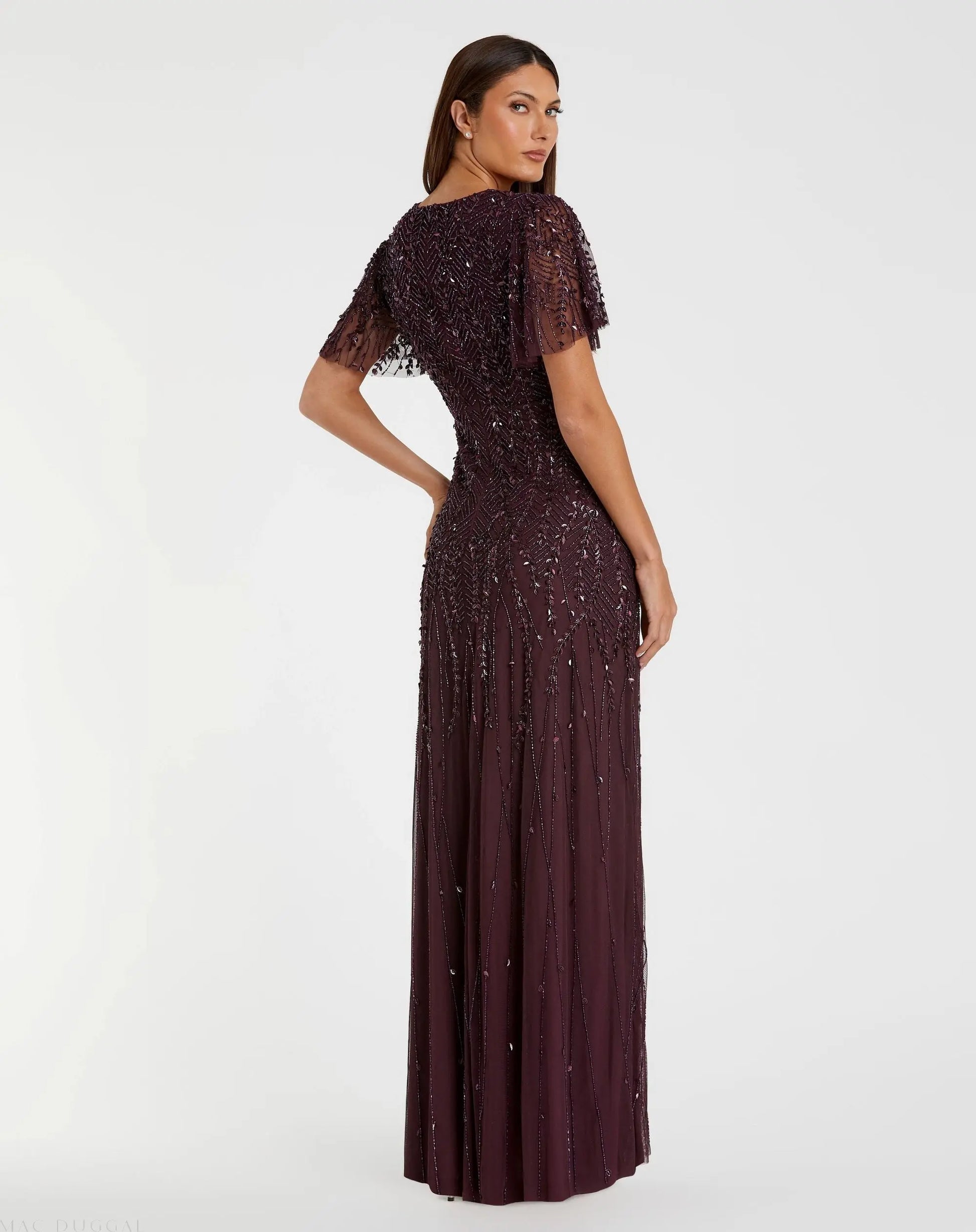Mac Duggal - Purple Embellished Flutter Sleeve Gown - US 14 Mac Duggal - Purple Embellished Flutter Sleeve Gown - US 14