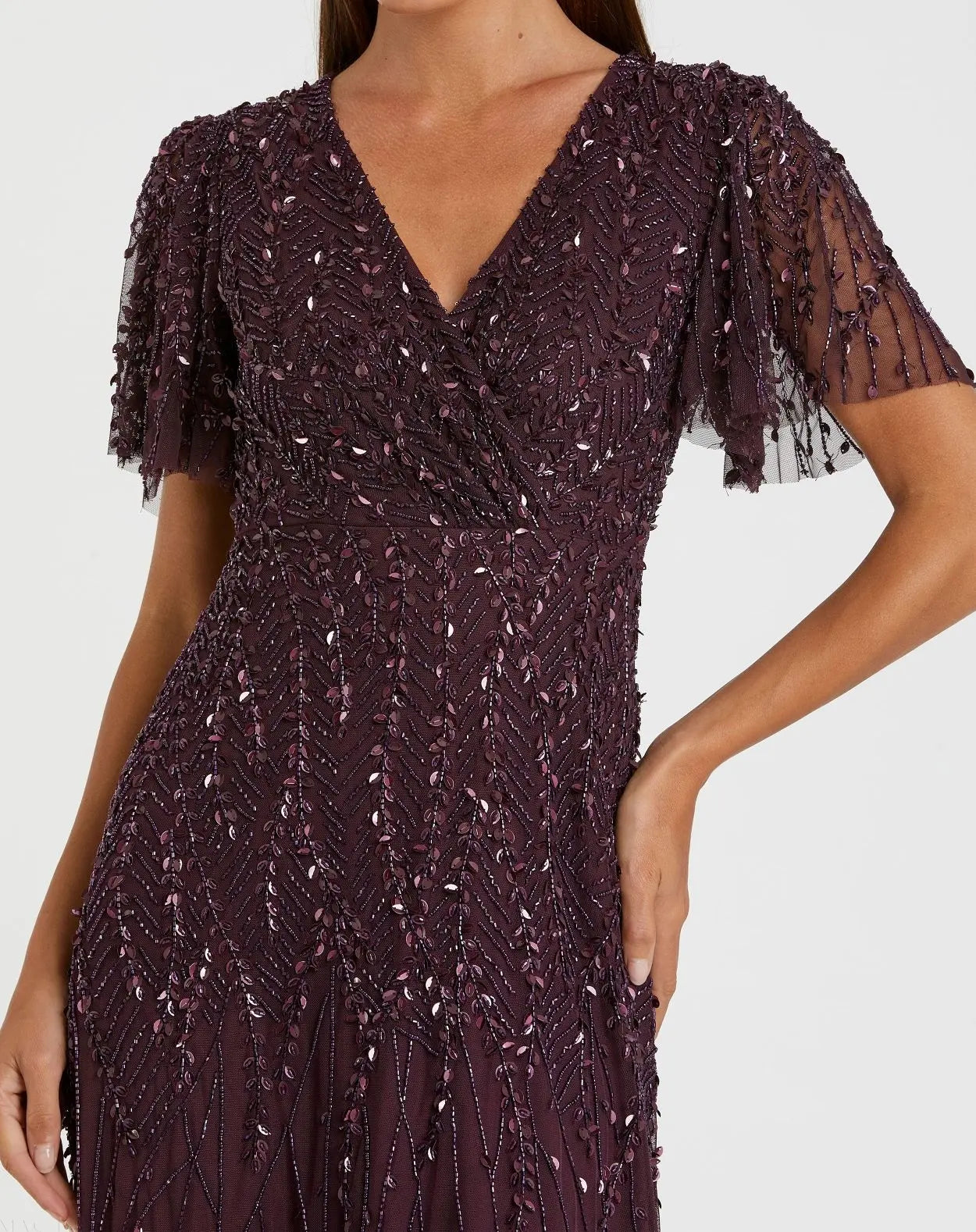 Purple Embellished Flutter Sleeve Gown - Mac Duggal