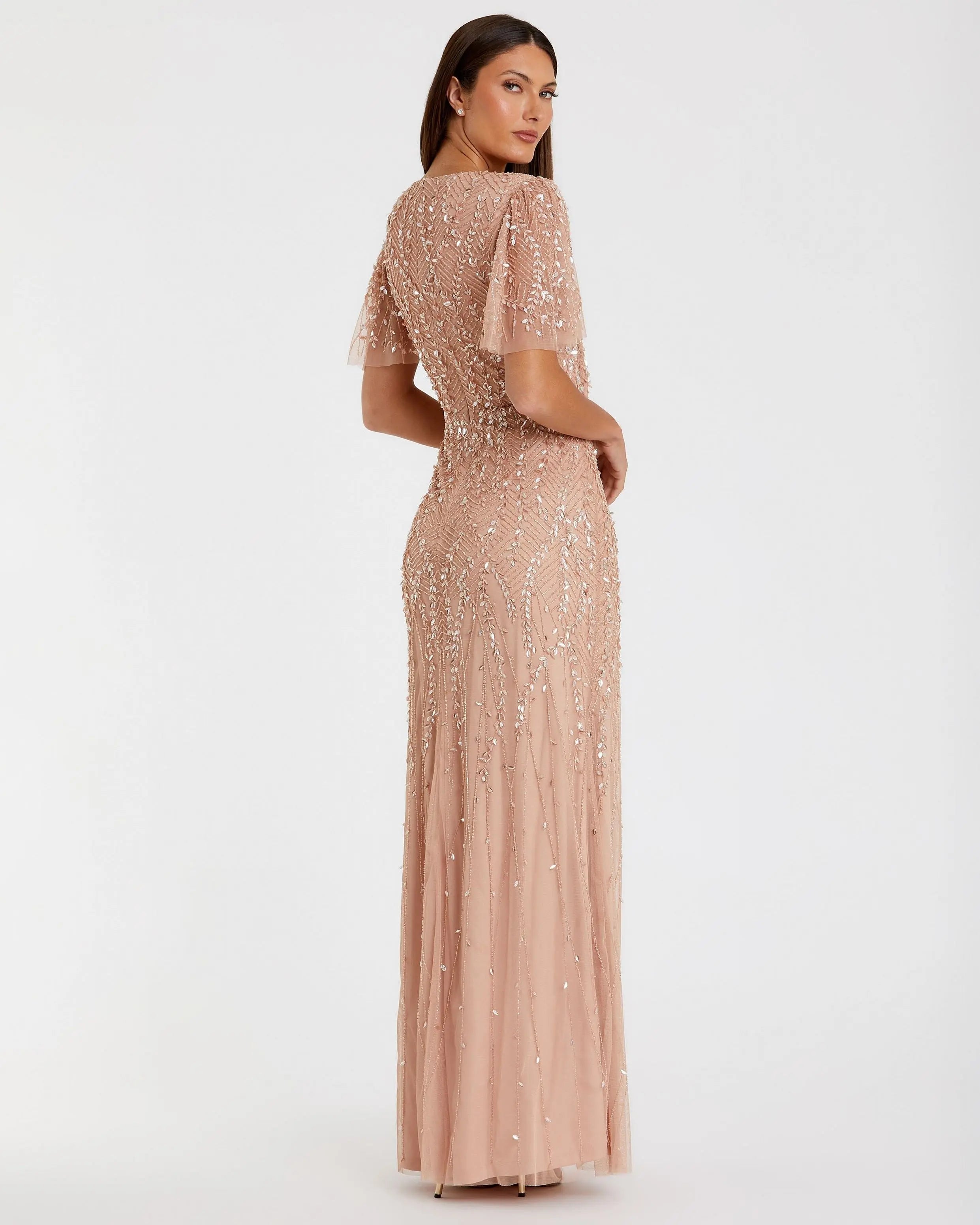 Mac Duggal - Pink Embellished Flutter Sleeve Gown - US 16 Mac Duggal - Pink Embellished Flutter Sleeve Gown - US 16