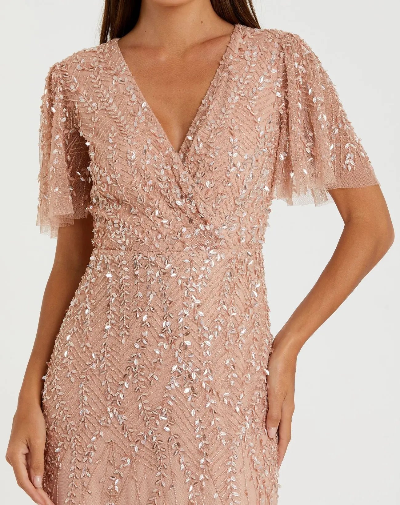 Mac Duggal - Pink Embellished Flutter Sleeve Gown - US 16 Mac Duggal - Pink Embellished Flutter Sleeve Gown - US 16