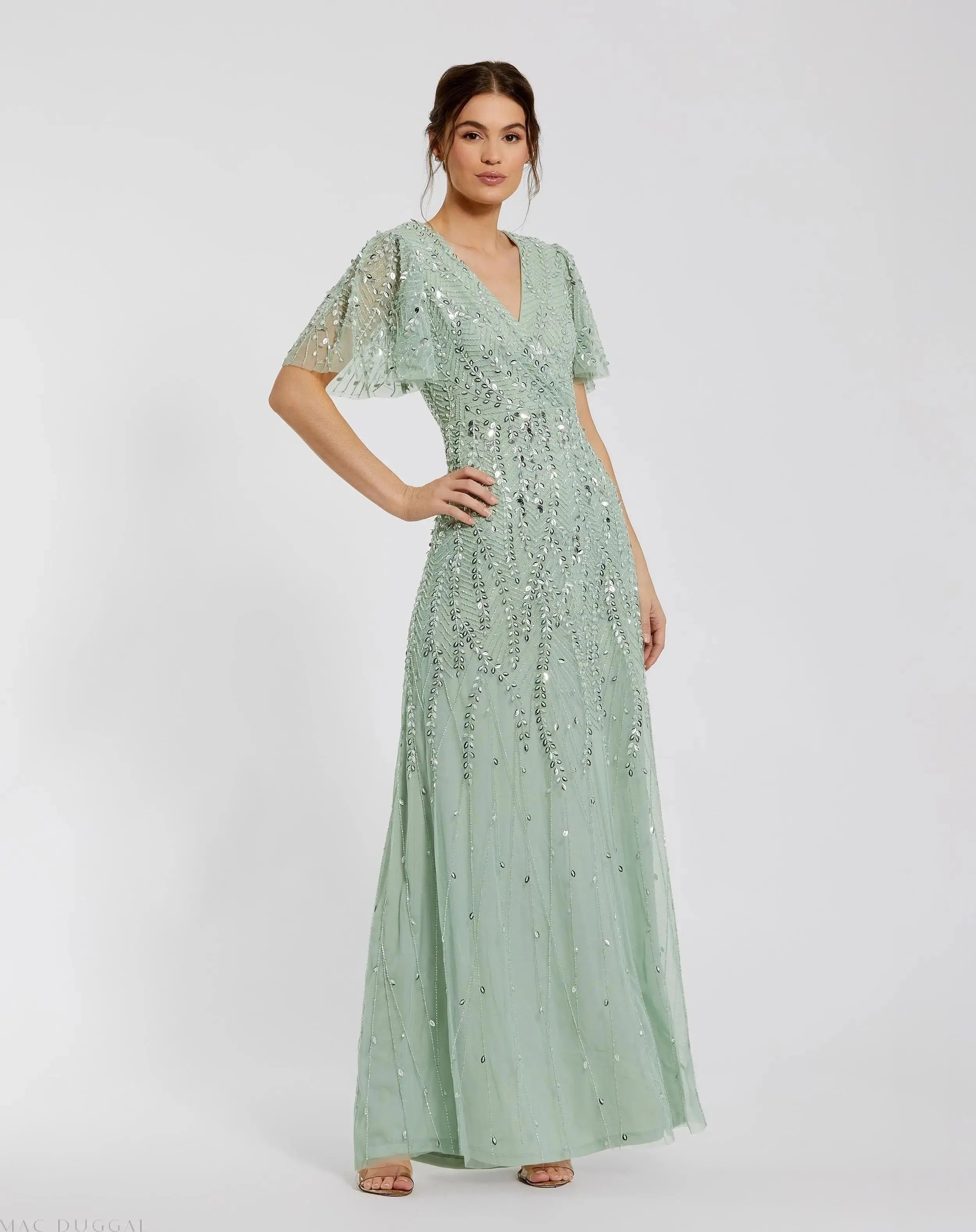 Green Beaded Wrap Over Butterfly Sleeve Column Gown - Mac Duggal