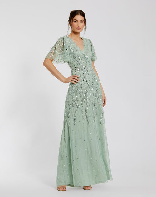 Green Beaded Wrap Over Butterfly Sleeve Column Gown