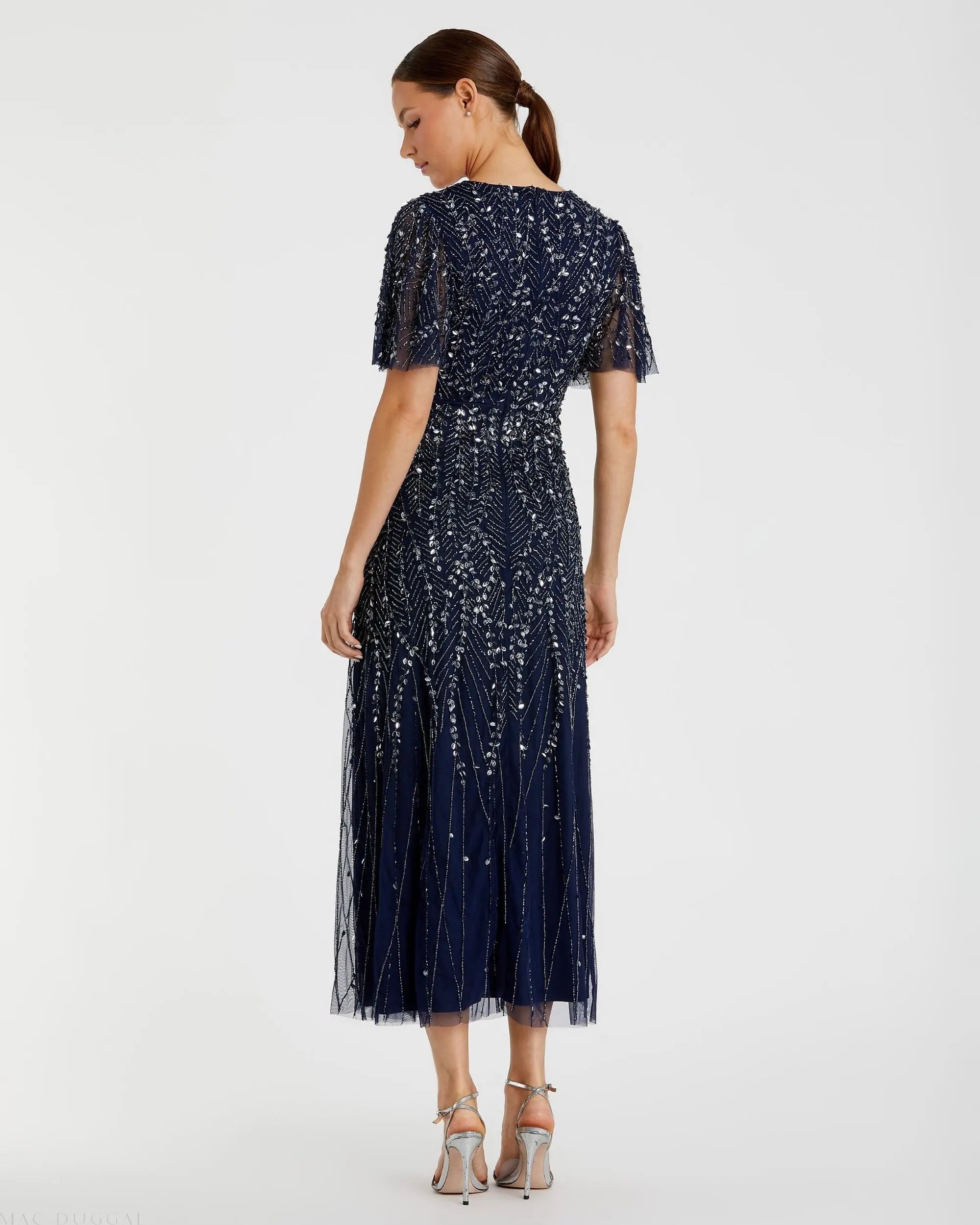 Navy Beaded Wrap Over Butterfly Sleeve Column Dress - Mac Duggal