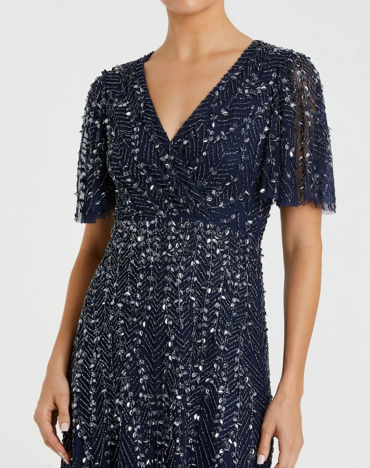 Navy Beaded Wrap Over Butterfly Sleeve Column Dress - Mac Duggal