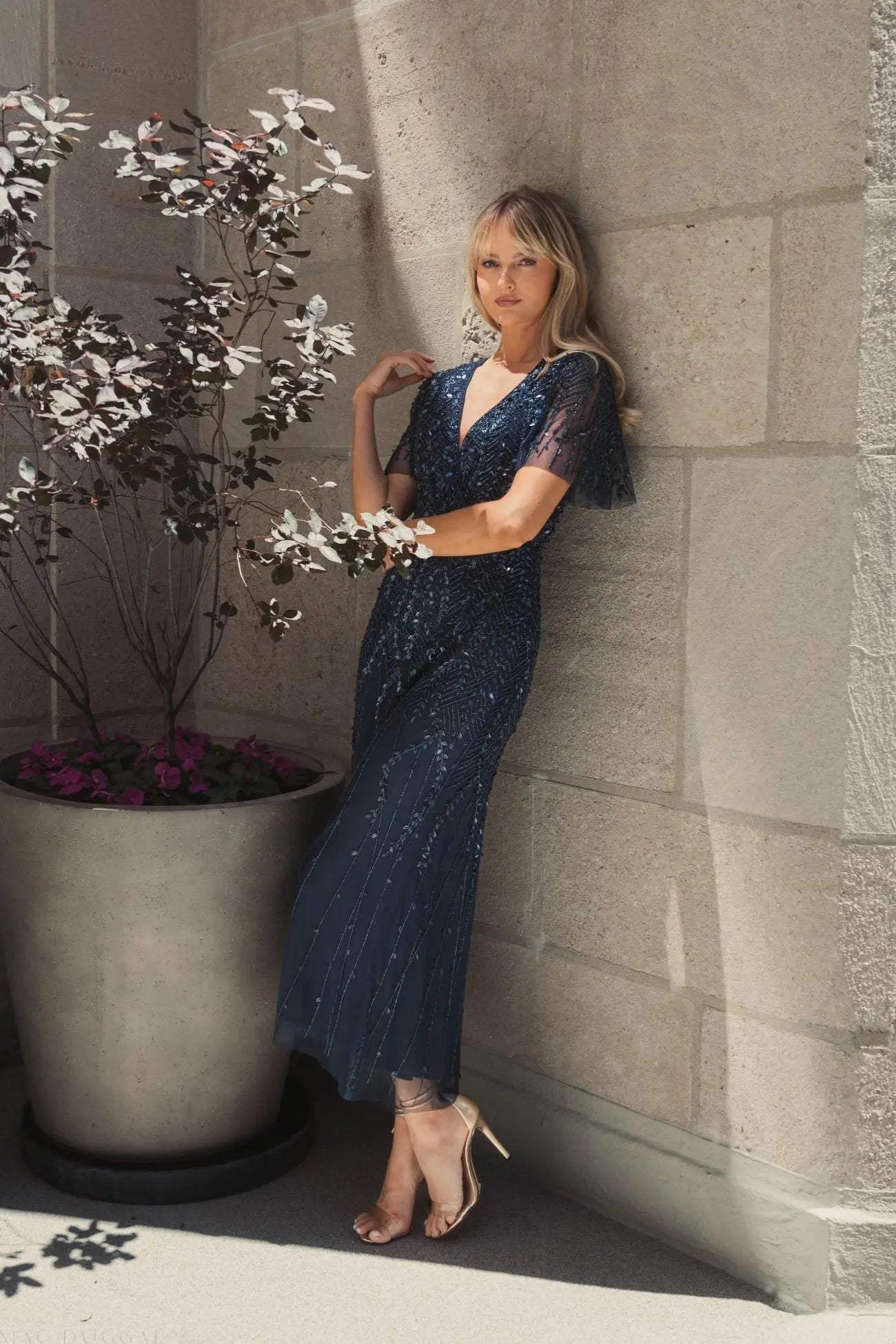 Navy Beaded Wrap Over Butterfly Sleeve Column Dress - Mac Duggal