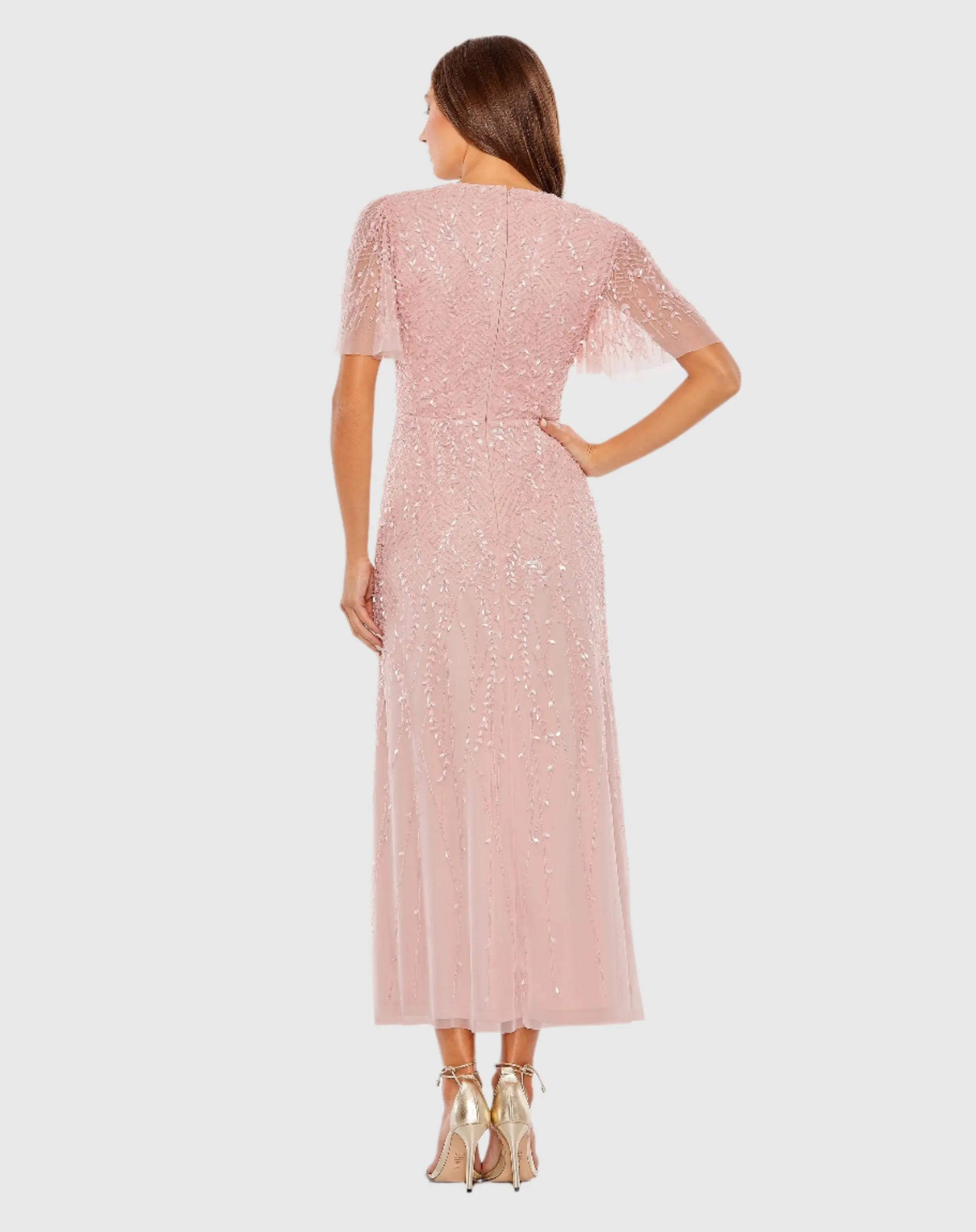 Pink Beaded Wrap Over Butterfly Sleeve Column Dress - Mac Duggal