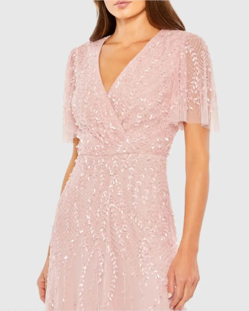 Pink Beaded Wrap Over Butterfly Sleeve Column Dress - Mac Duggal
