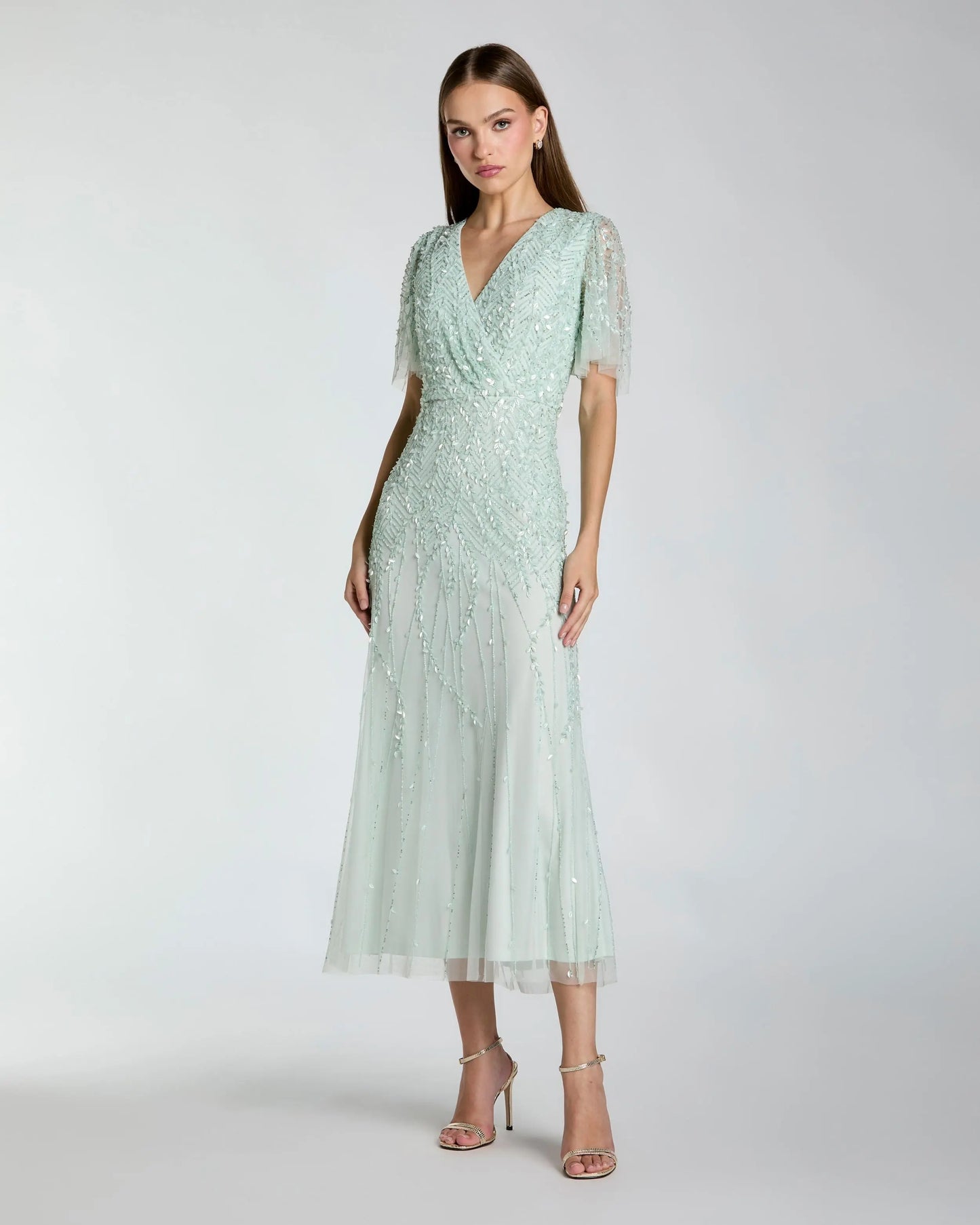 Blue Beaded Wrap Over Butterfly Sleeve Dress Mac Duggal