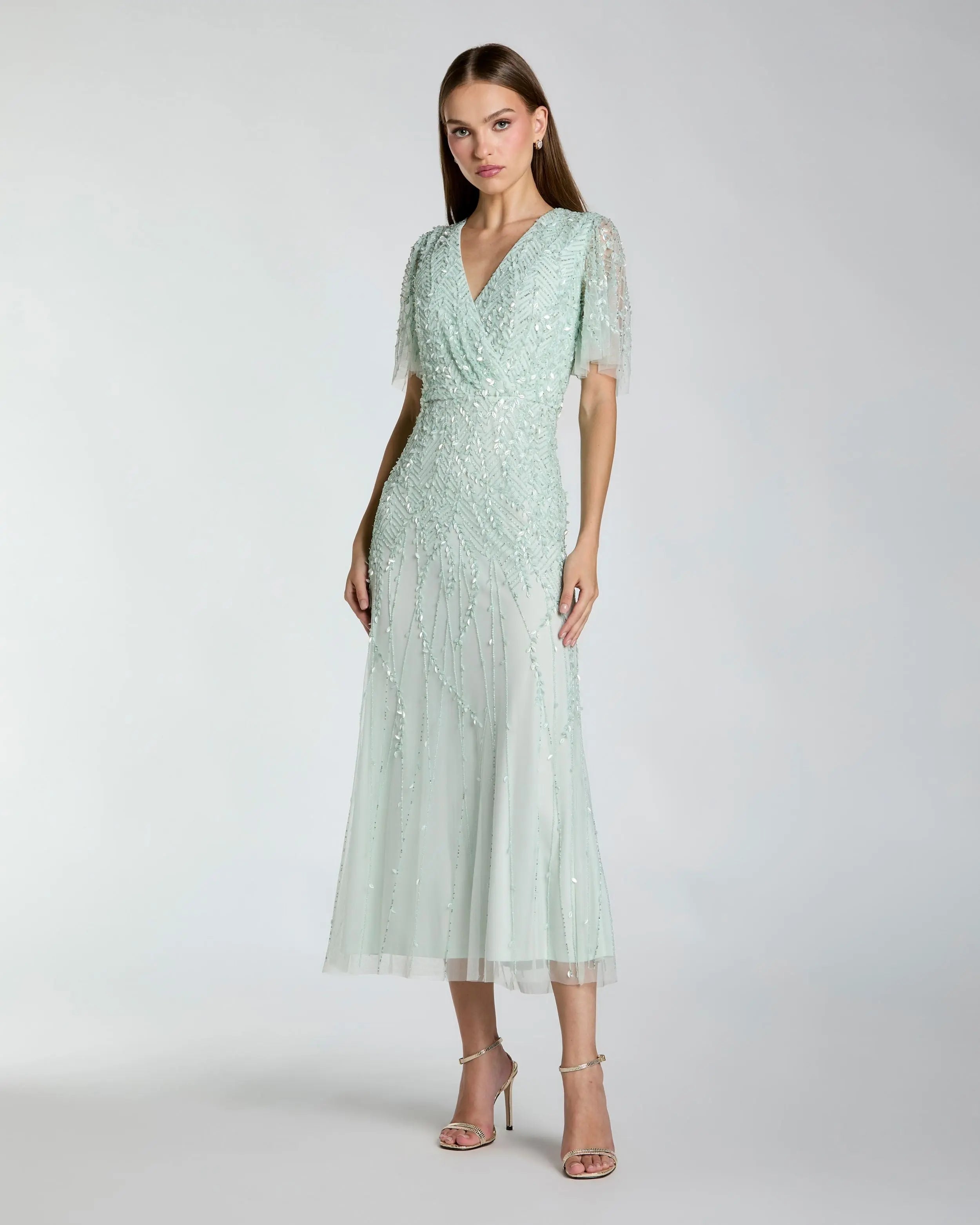 Blue Beaded Wrap Over Butterfly Sleeve Dress Mac Duggal