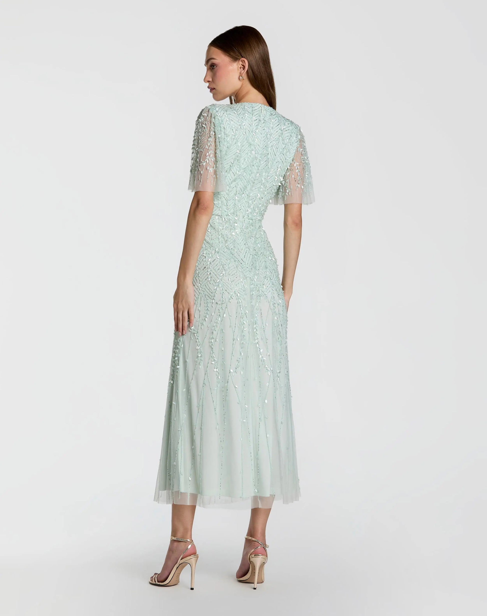Mac Duggal - Blue Beaded Wrap Over Butterfly Sleeve Dress - US 10 Mac Duggal - Blue Beaded Wrap Over Butterfly Sleeve Dress - US 10