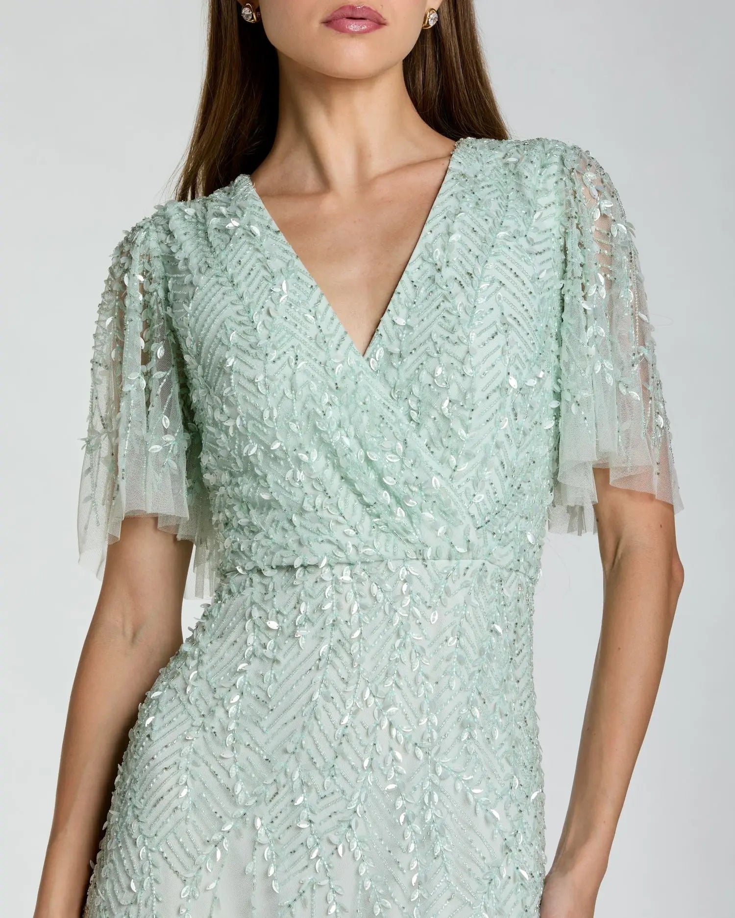 Mac Duggal - Blue Beaded Wrap Over Butterfly Sleeve Dress - US 10 Mac Duggal - Blue Beaded Wrap Over Butterfly Sleeve Dress - US 10