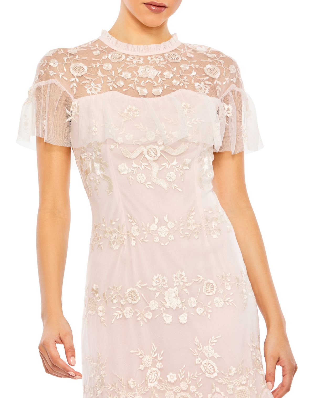 High Neck Mesh Tier Embroidered Dress