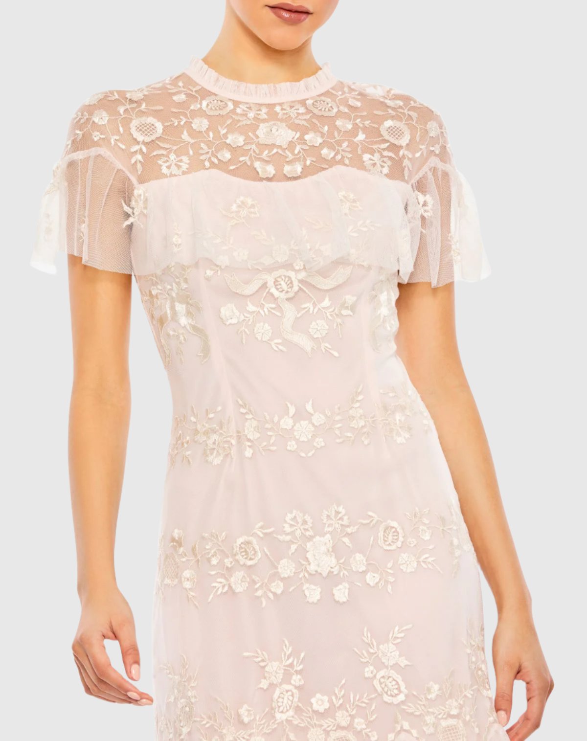 High Neck Mesh Tier Embroidered Dress