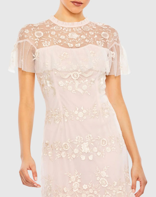 High Neck Mesh Tier Embroidered Dress