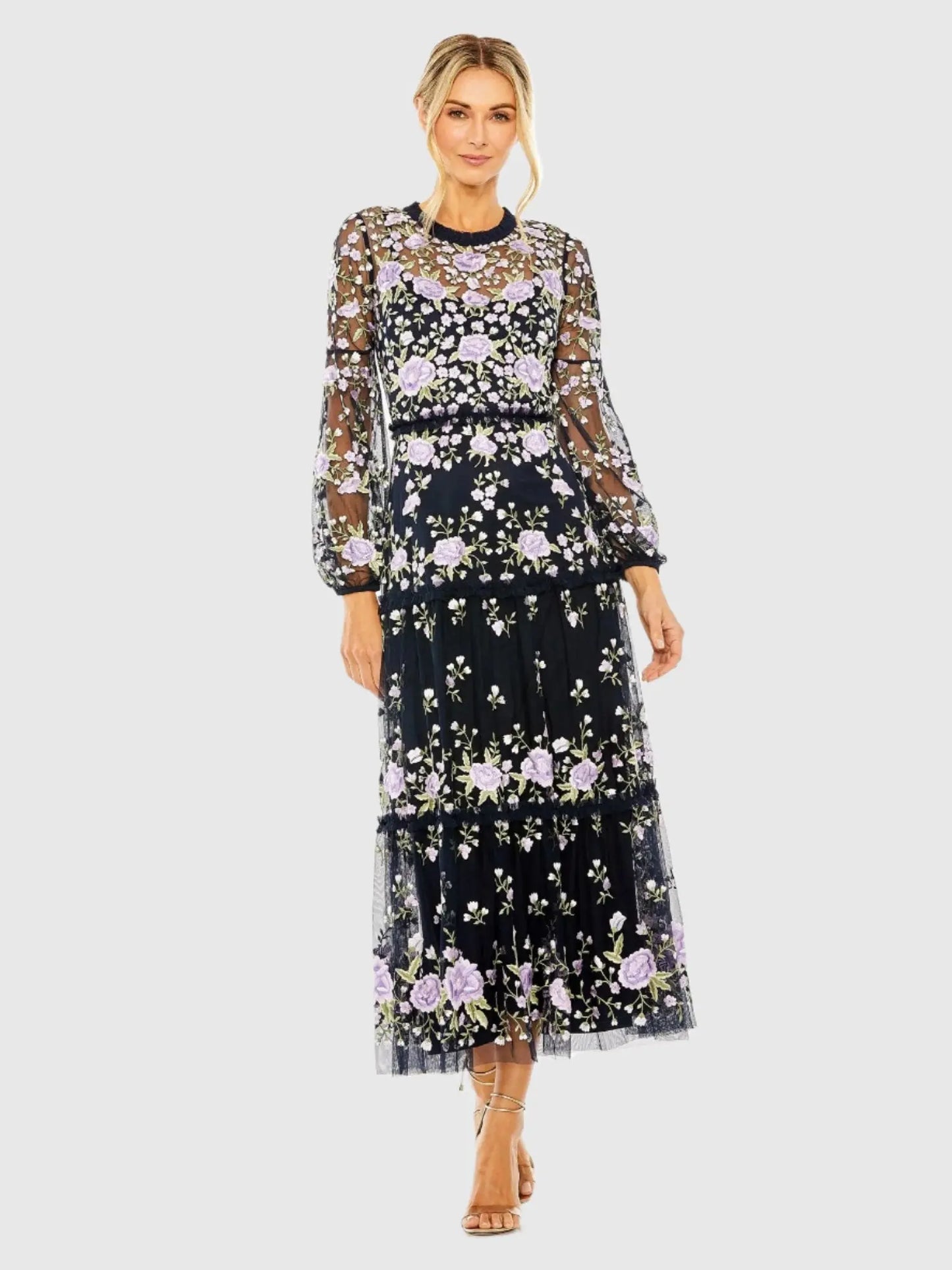 Embroidered Puff Sleeve Tiered Dress - Mac Duggal