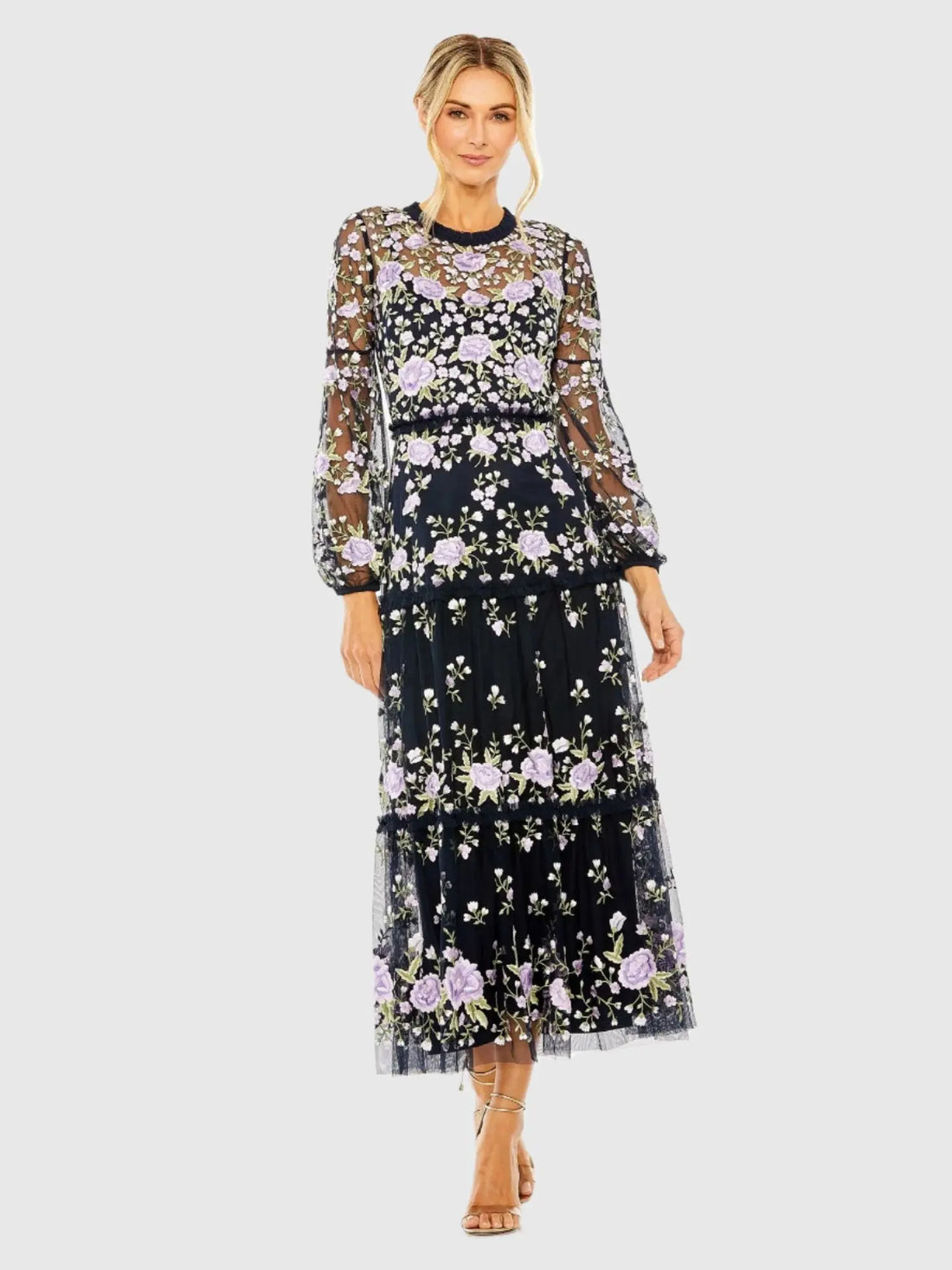 Embroidered Puff Sleeve Tiered Dress - Mac Duggal