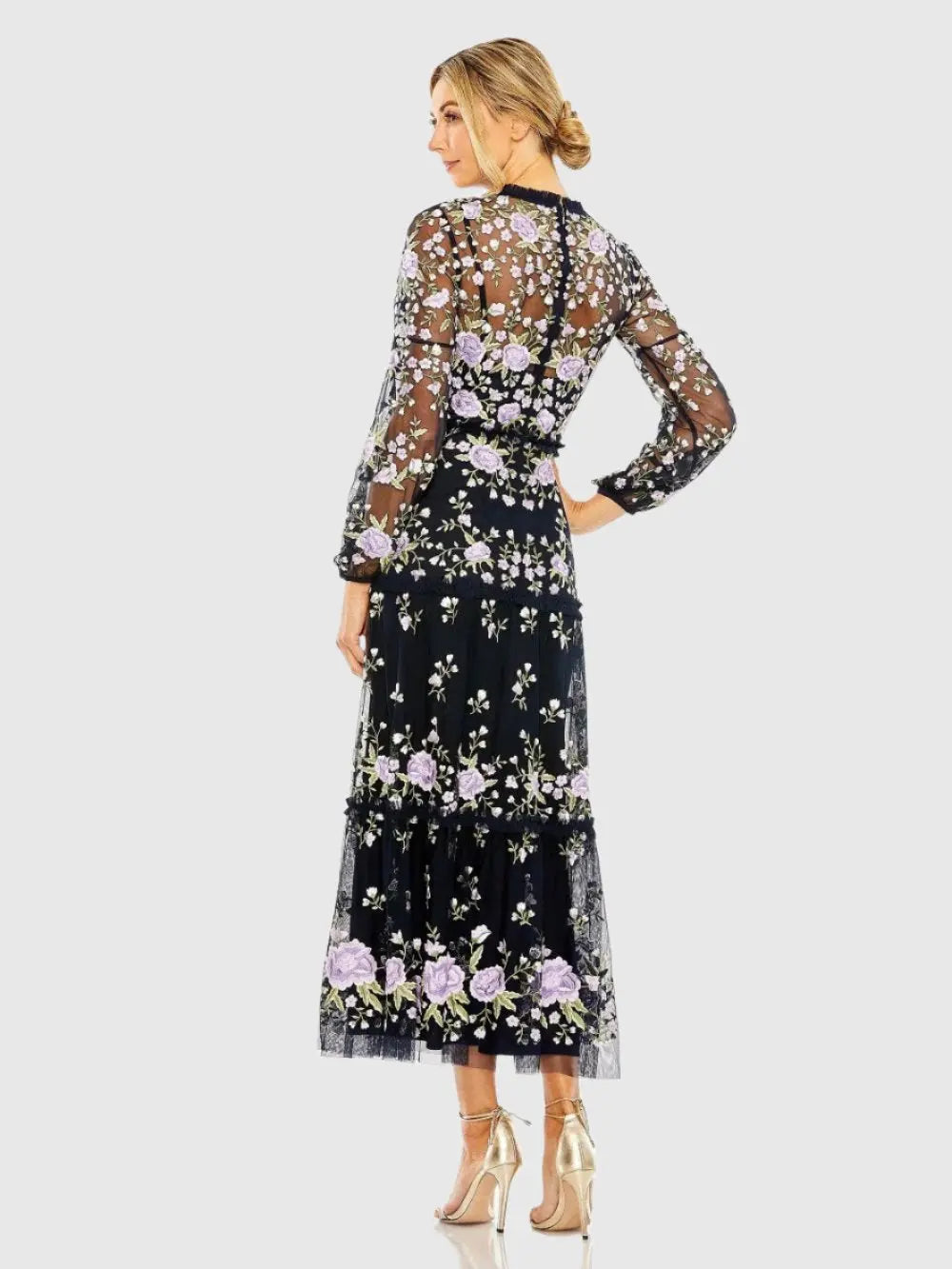 Embroidered Puff Sleeve Tiered Dress - Mac Duggal