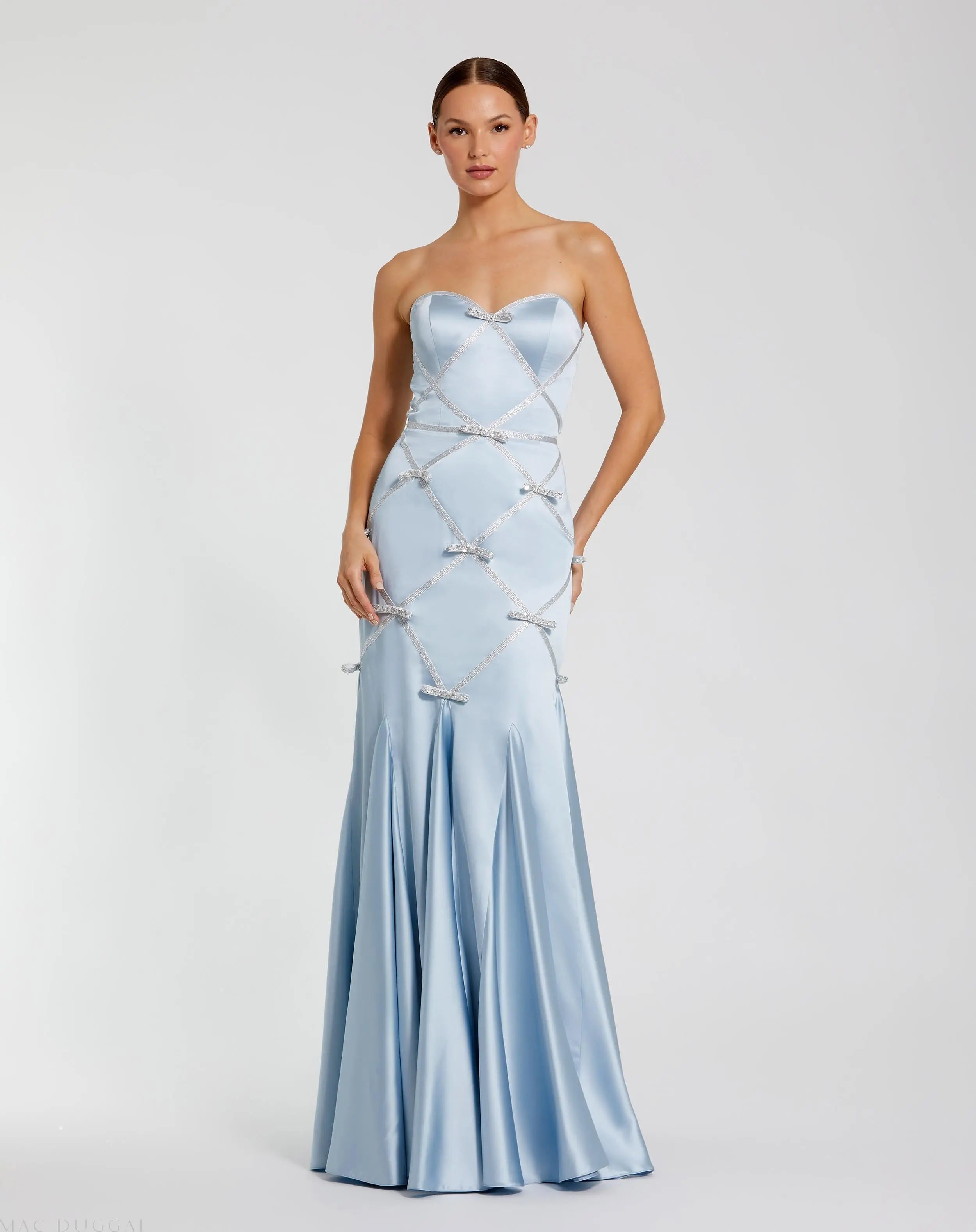 Blue Strapless Satin Trumpet Dress With Bow Details - Mac Duggal