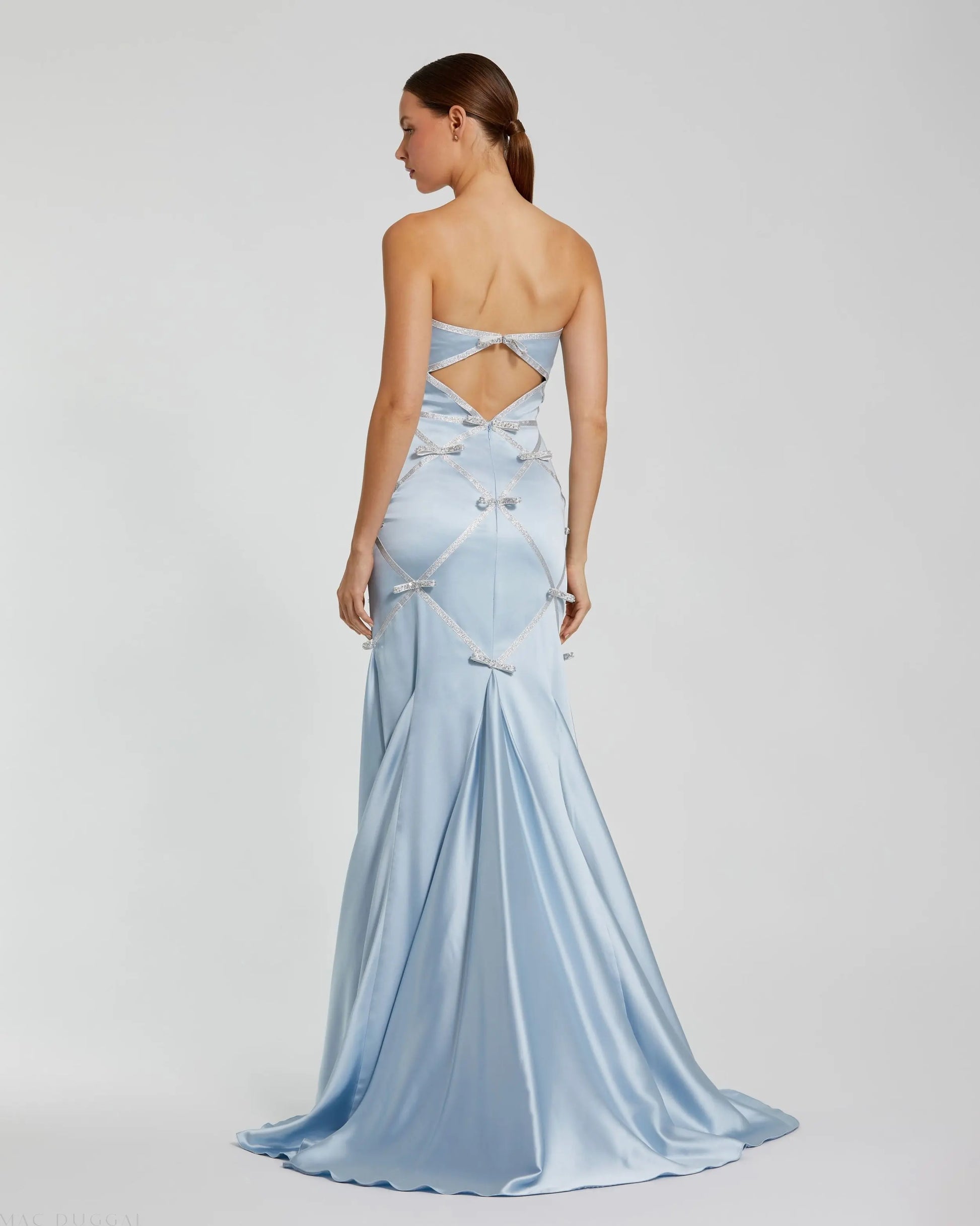 Blue Strapless Satin Trumpet Gown With Bow Details | Mac Duggal Blue Strapless Satin Trumpet Gown With Bow Details | Mac Duggal