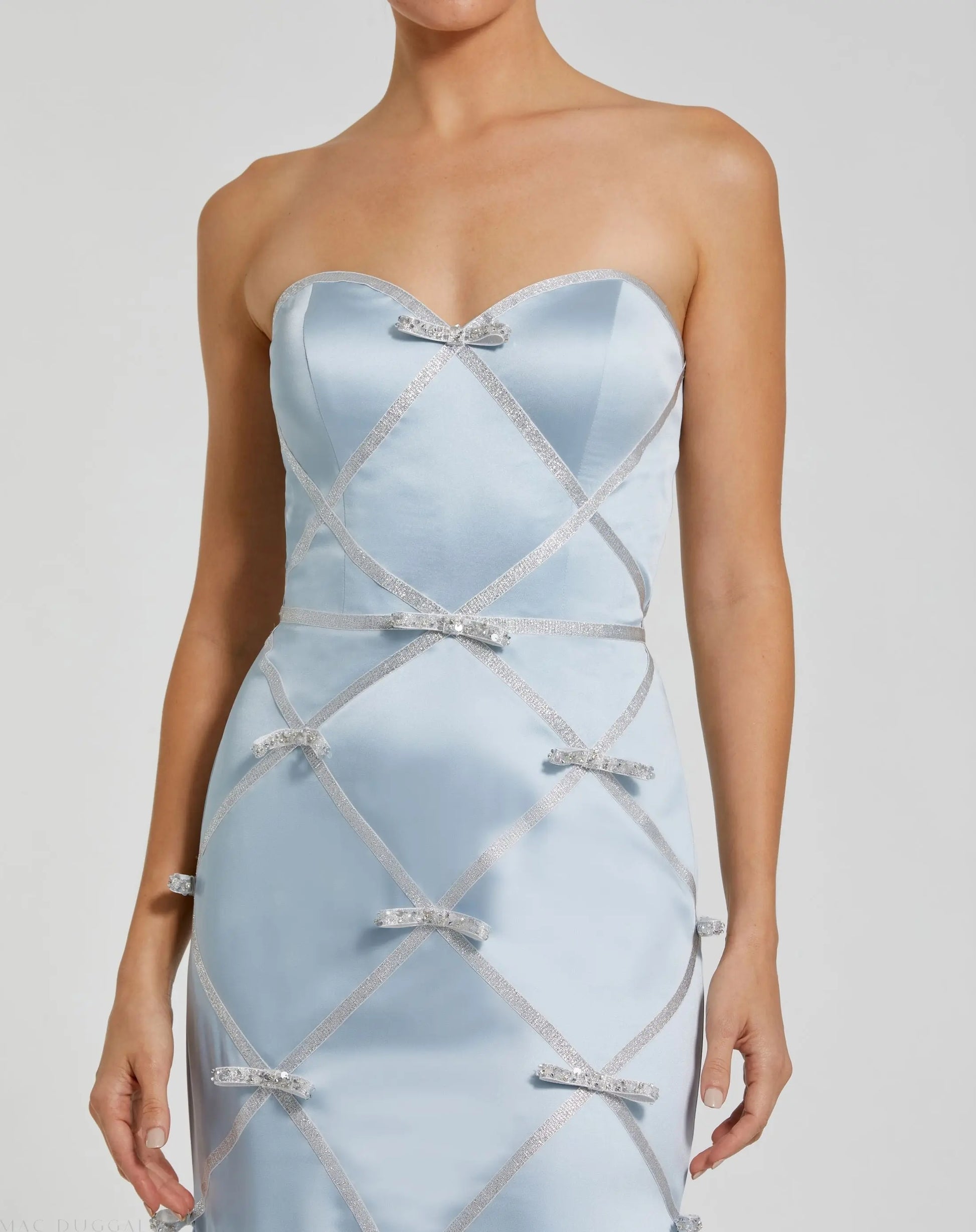 Blue Strapless Satin Trumpet Gown With Bow Details | Mac Duggal Blue Strapless Satin Trumpet Gown With Bow Details | Mac Duggal