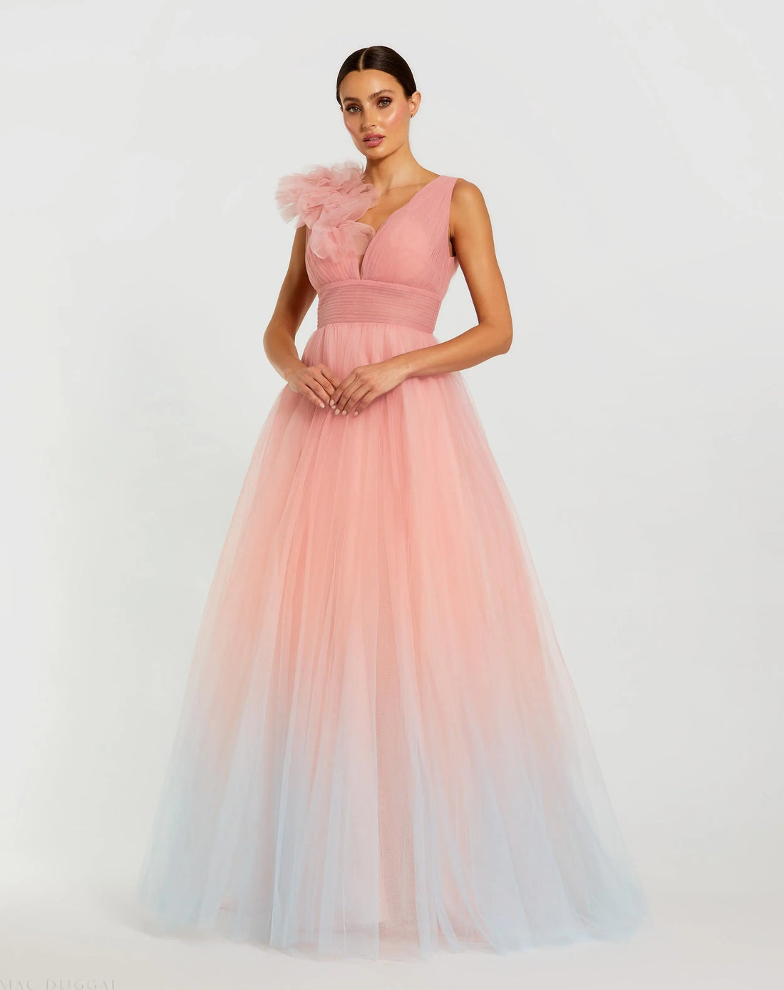 Pink Ruffle Shoulder V Neck Ombre Tulle Ballgown - Mac Duggal Pink Ruffle Shoulder V Neck Ombre Tulle Ballgown - Mac Duggal