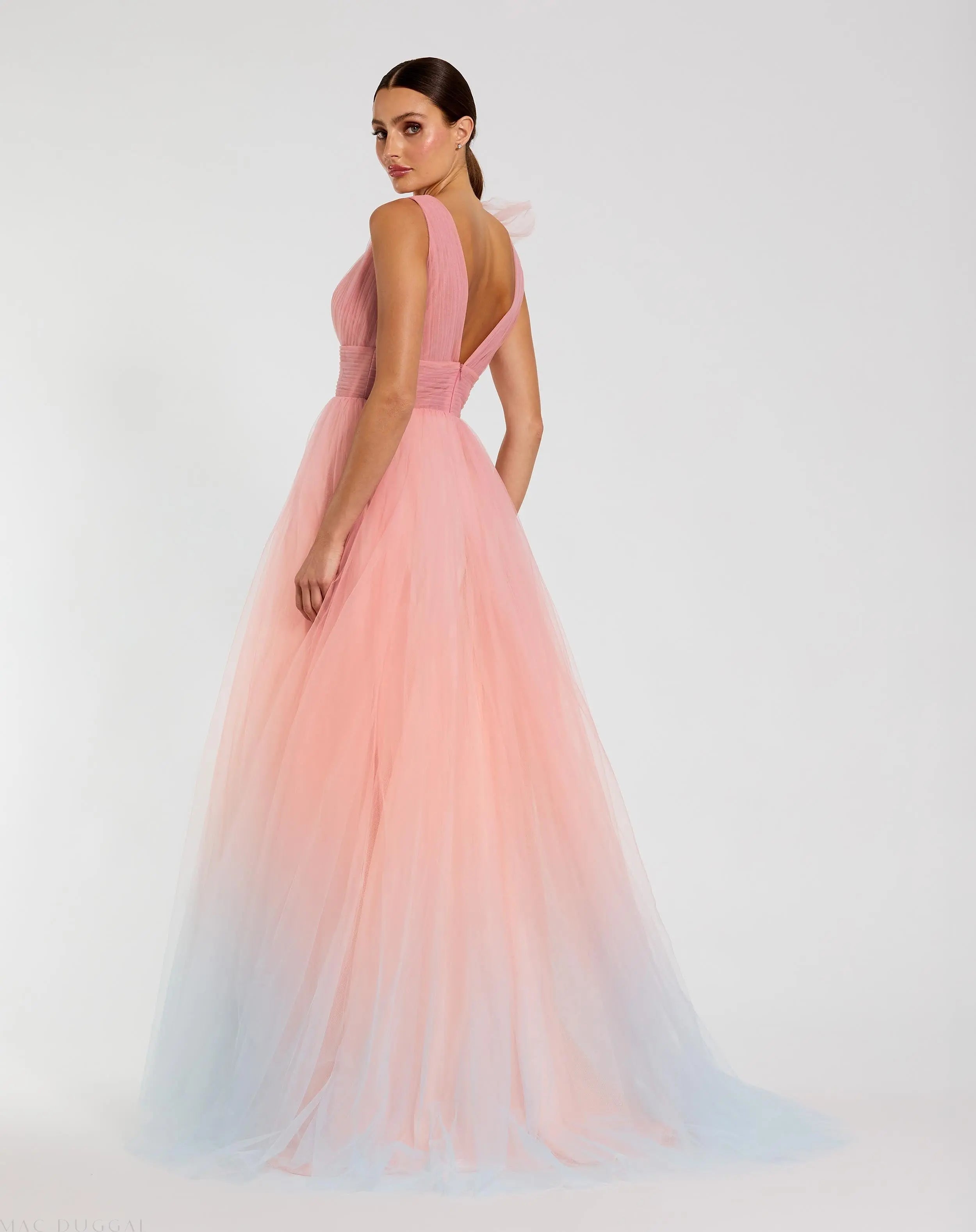 Pink Ruffle Shoulder V Neck Ombre Tulle Ballgown - Mac Duggal