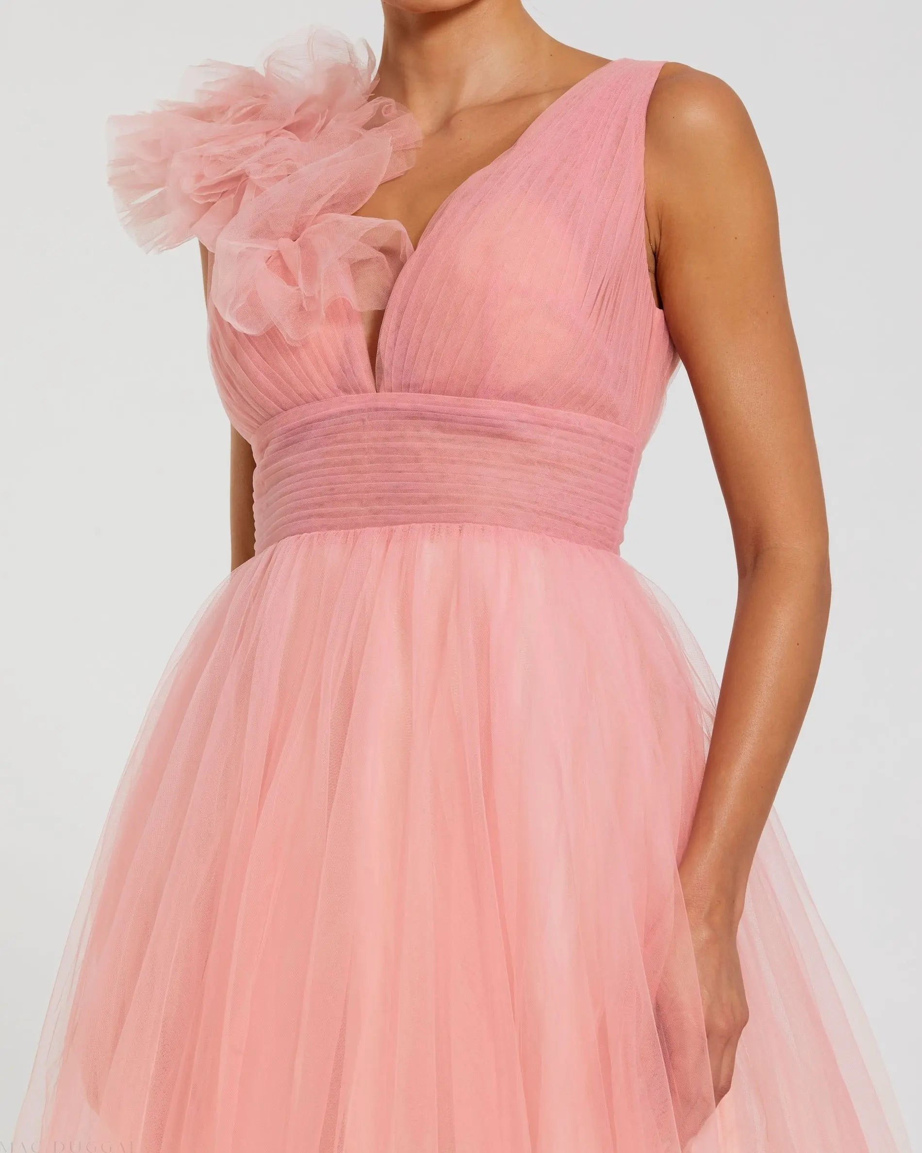 Pink Ruffle Shoulder V Neck Ombre Tulle Ballgown - Mac Duggal