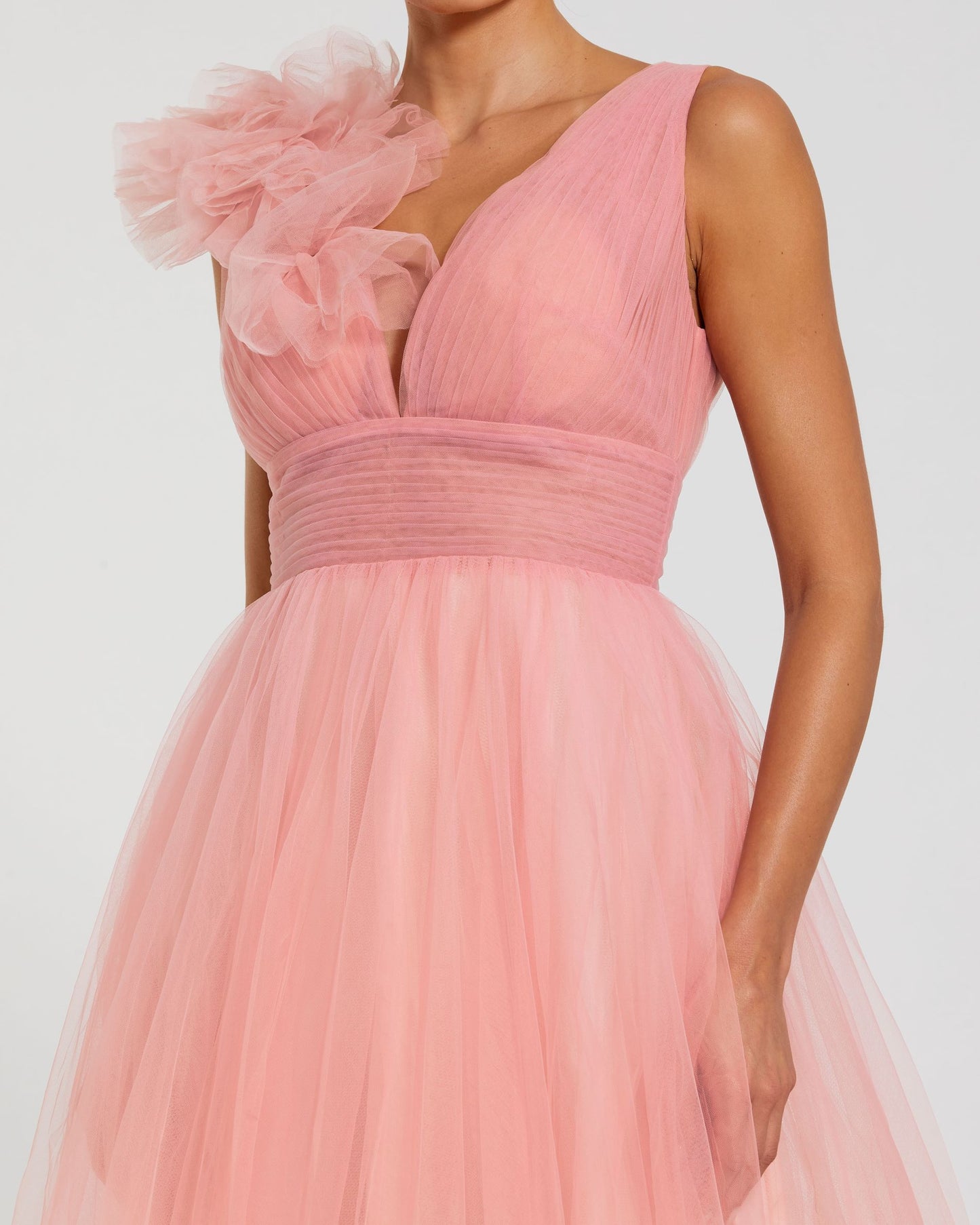 Ruffle Shoulder V Neck Ombre Tulle Ballgown