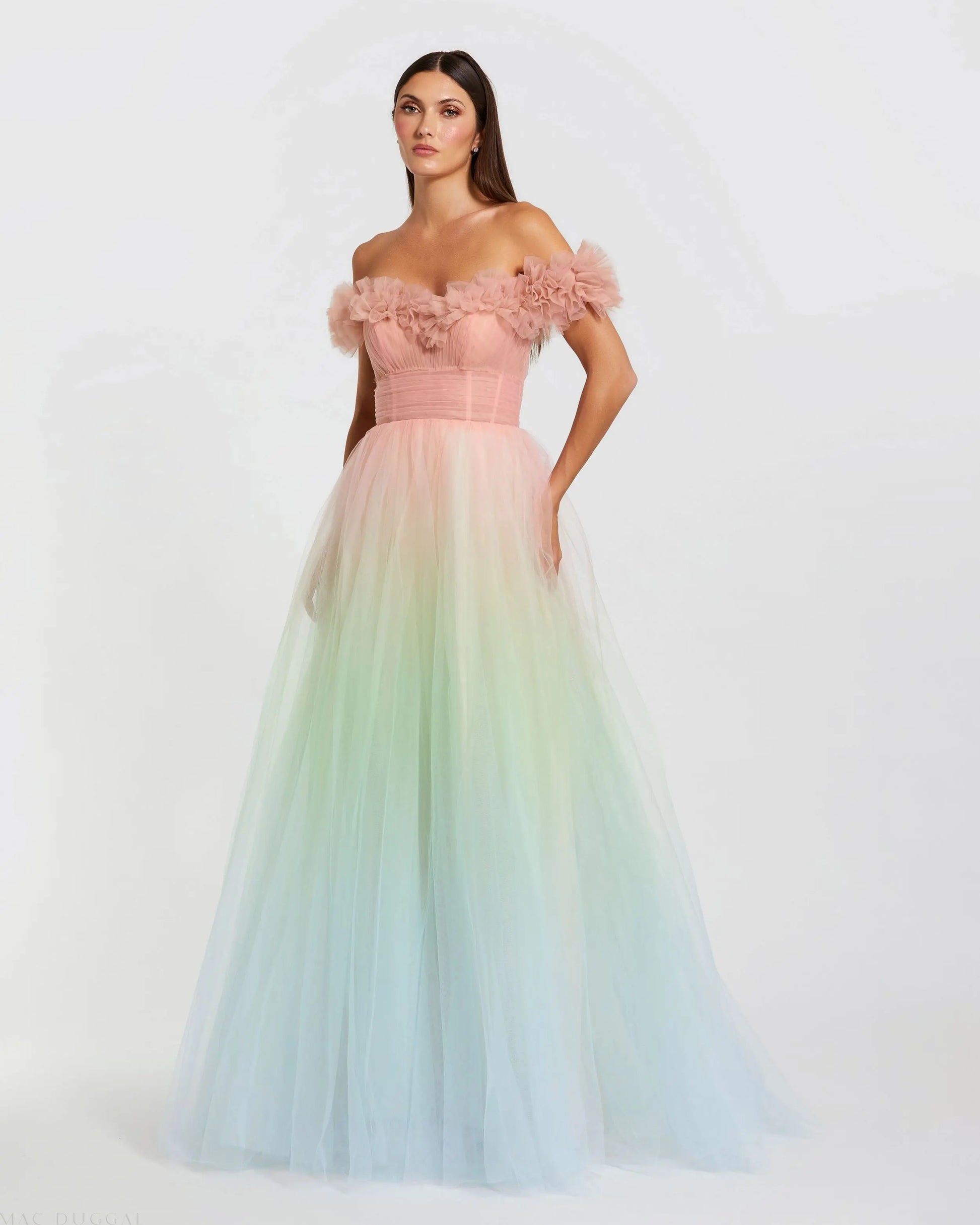 Multicolor Off The Shoulder Ombre Tulle Ballgown Mac Duggal