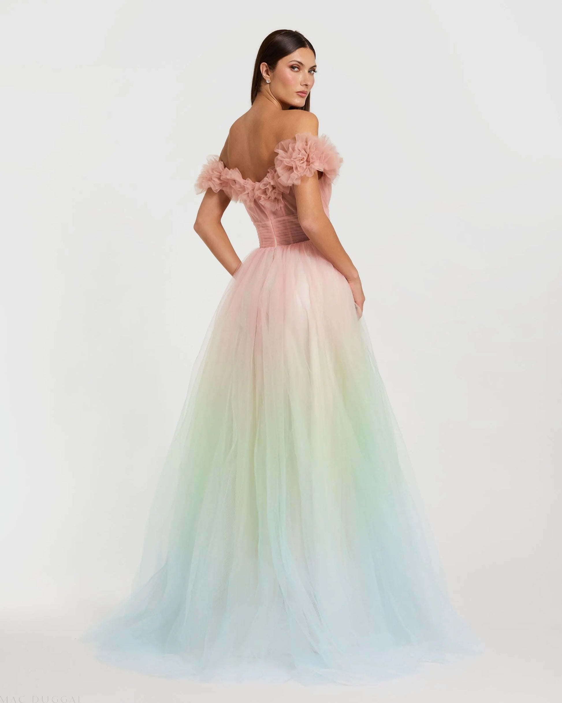 Multicolor Off The Shoulder Ombre Tulle Ballgown Mac Duggal