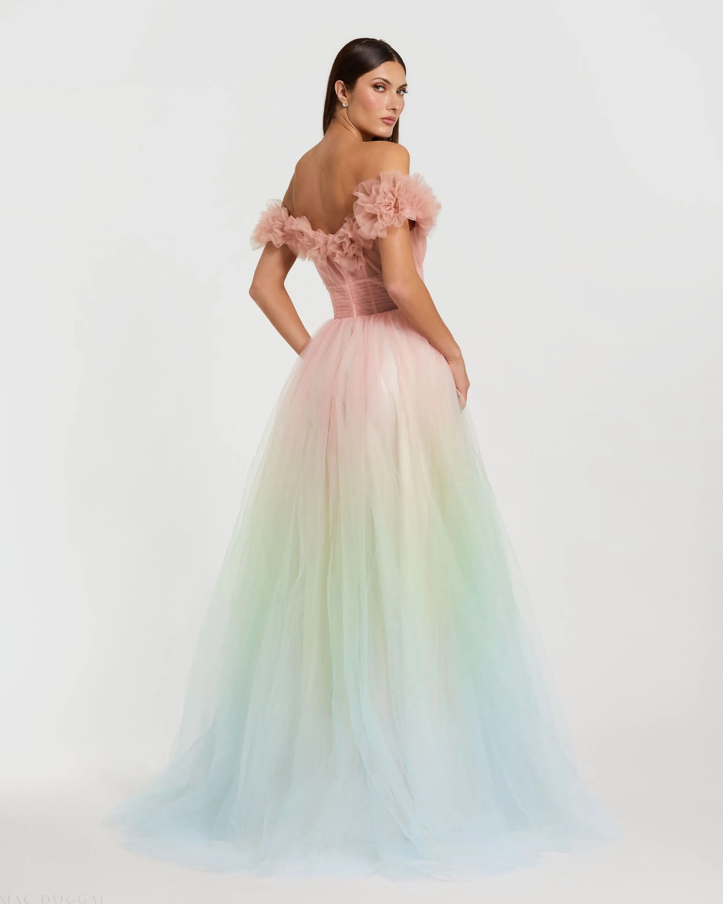 Multicolor Off The Shoulder Ombre Tulle Ballgown Mac Duggal