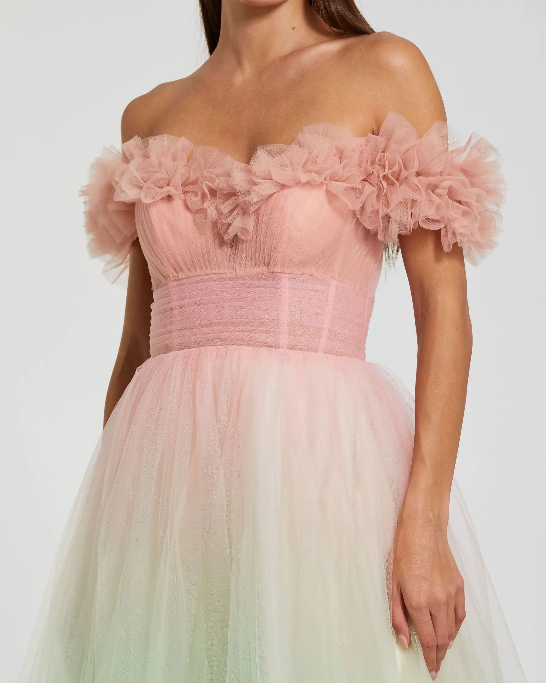 multicolor off shoulder dress Multicolor Off The Shoulder Ombre Tulle Ballgown