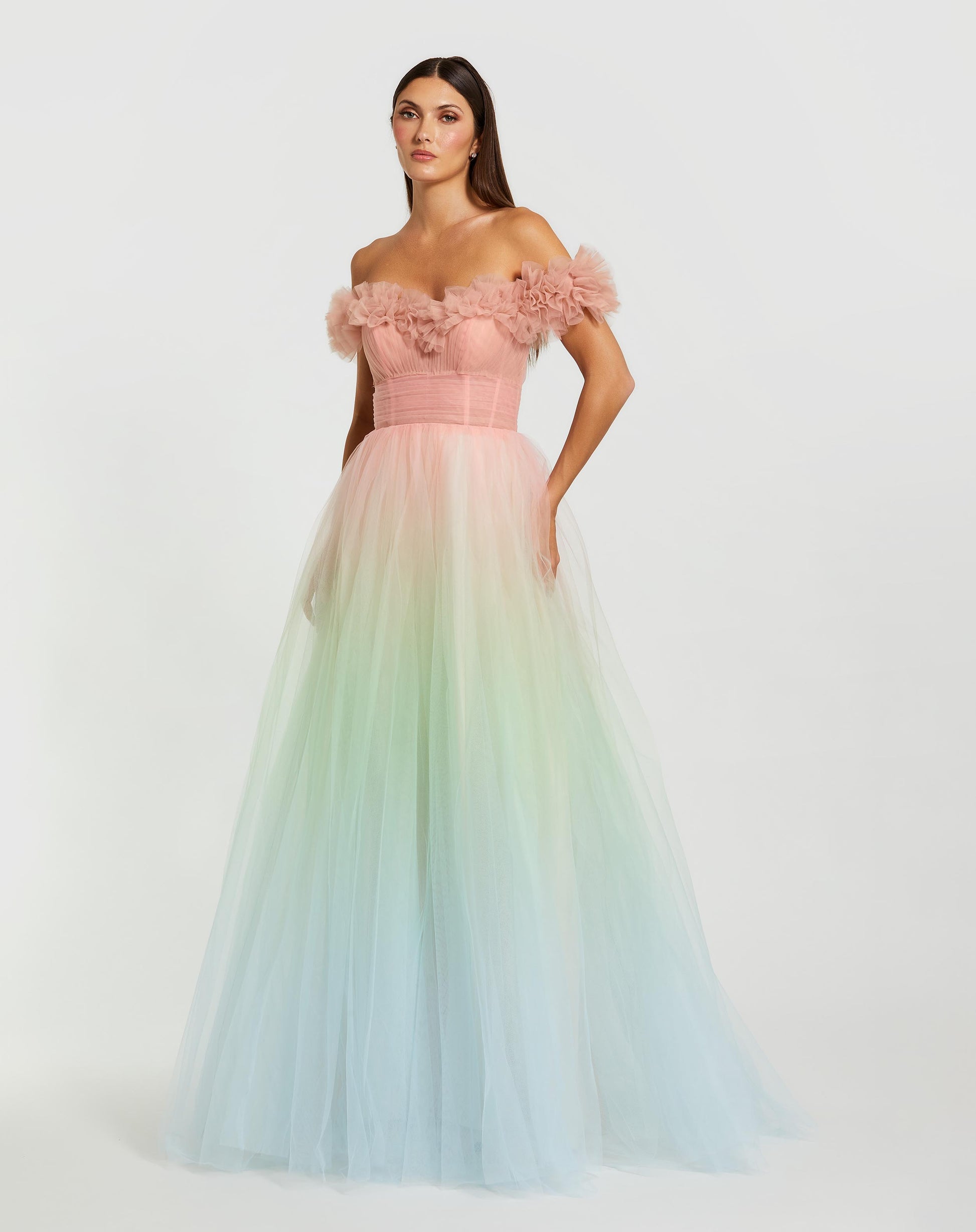 Multicolor Off The Shoulder Ombre Tulle Ballgown