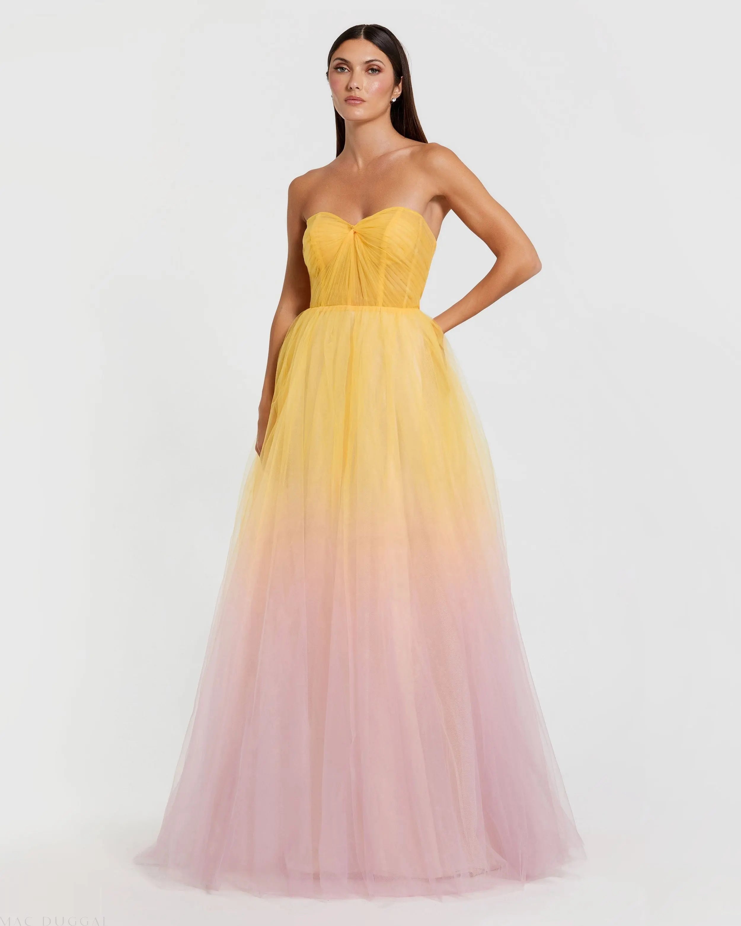 Yellow and Pink Strapless Corset Ombre Tulle Ballgown Mac Duggal